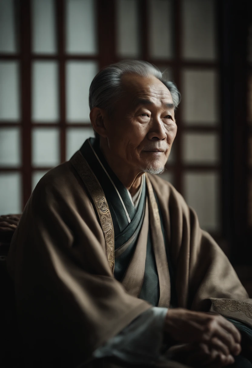 A old man，Chinese coat，Sit in the study，The background is a traditional Chinese painting，Slight smile，kind