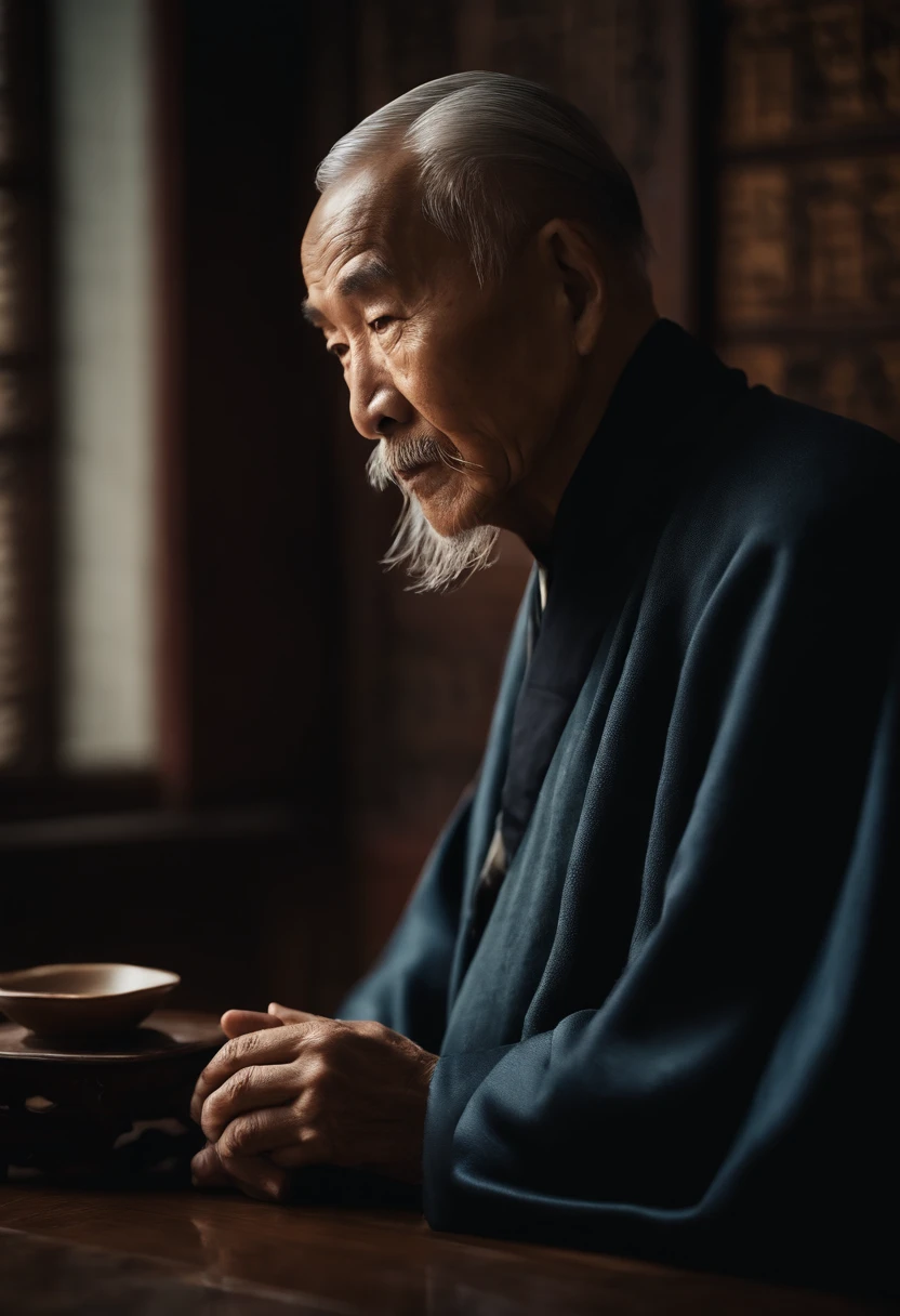 A old man,Chinese coat,Sit in the study,The background is a traditional Chinese painting,Slight smile,kind