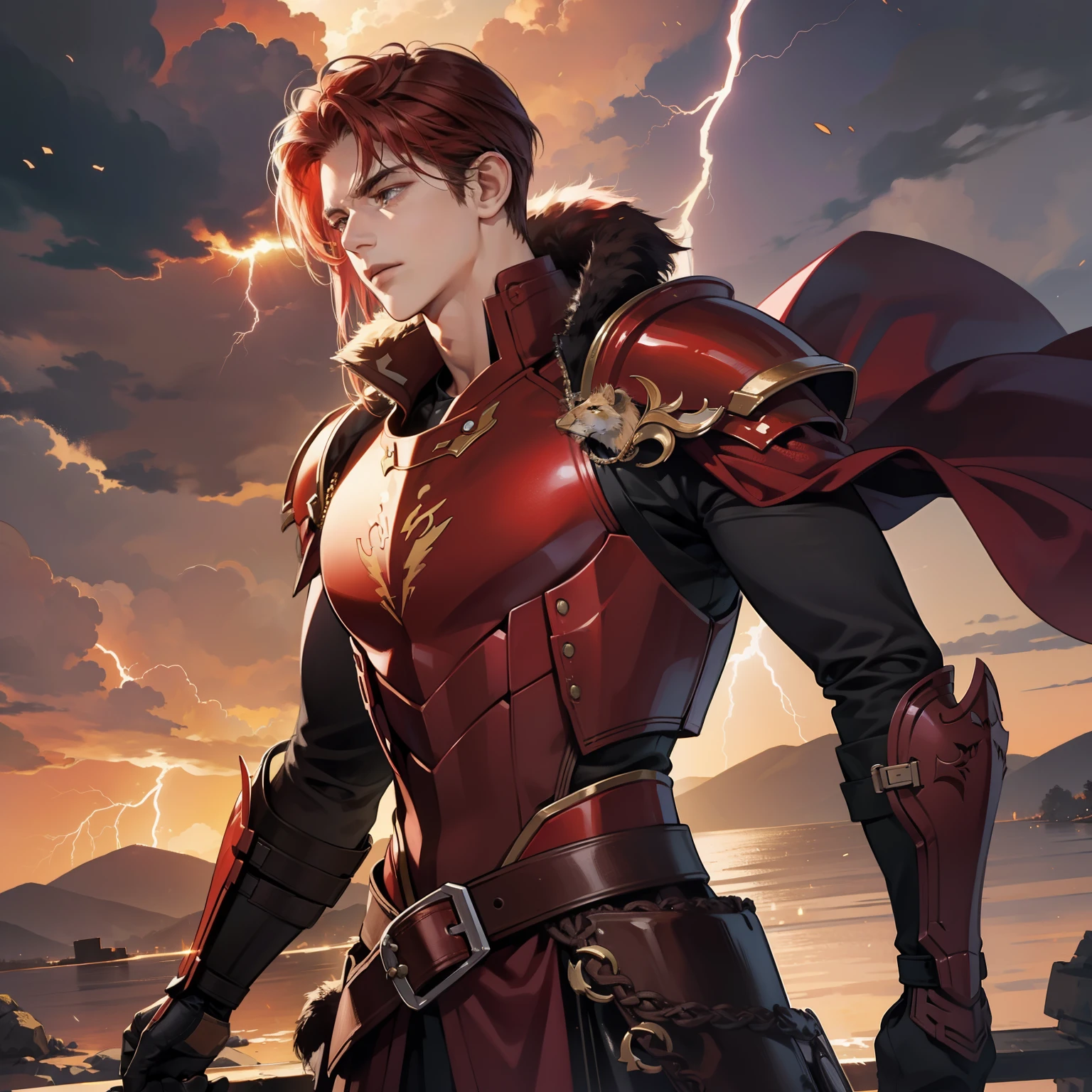 Masterpiece, high quality, best quality, HD, realistic, perfect lighting, detailed body, 1 man, dark red hair, calm expression, lion armor, lightning background.