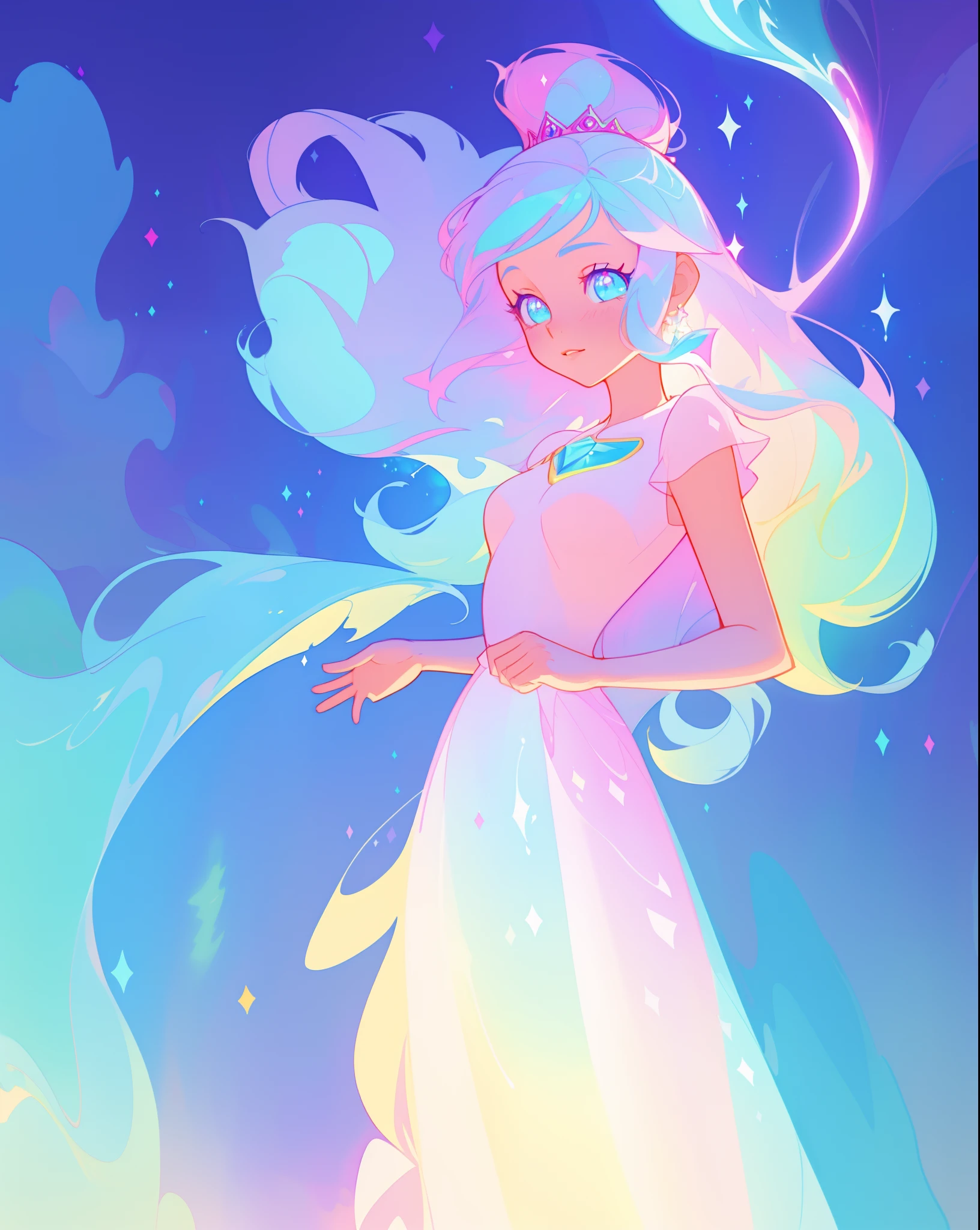 beautiful girl, simple white princess ballgown, vibrant pastel colors, (colorful), colorful flowing long liquid hair, magical lights, sparkling magical liquid, inspired by Glen Keane, inspired by Lois van Baarle, disney art style, by Lois van Baarle, glowing aura around her, by Glen Keane, jen bartel, glowing lights! digital painting, flowing glowing hair, glowing flowing hair, beautiful digital illustration, fantasia background, whimsical, magical, fantasy, ((masterpiece, best quality)), intricate details, highly detailed, sharp focus, 8k resolution, sparkling detailed eyes, liquid watercolor