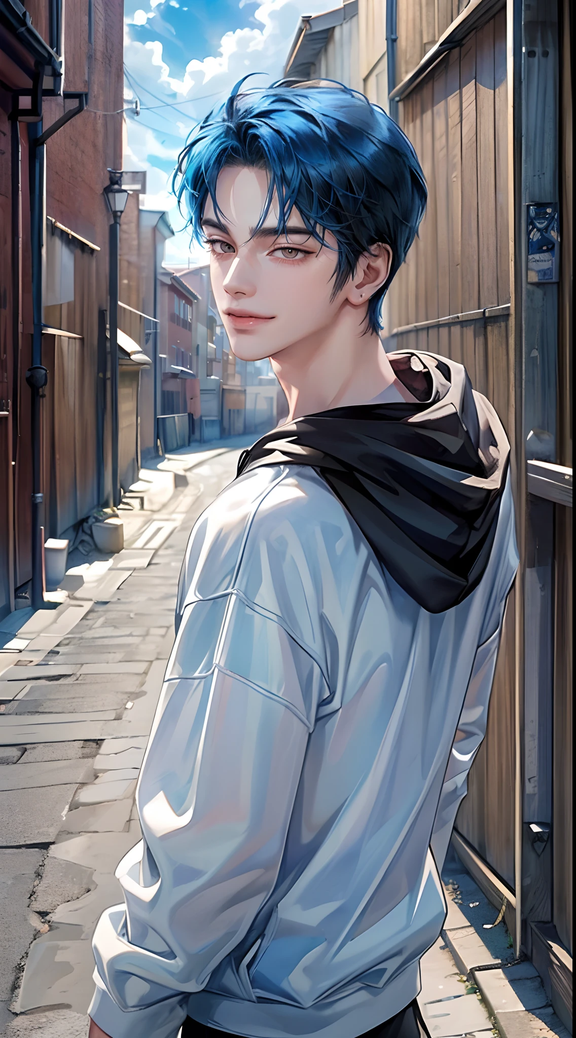 ((4K works))、​masterpiece、(top-quality)、One Beautiful Boy、Slim body、tall、((Attractive street style in black hoodie))、(Detailed beautiful eyes)、You can see a beautiful collarbone、Fantastic Britain、Back alley in the daytime、((Fantastic back alley))、((Daytime bright sky))、((Fantastic back alley))、((Shot in a fantastic back alley))、((Short-haired bright blue hair))、((Smaller face))、((White eyes))、((American adult male))、((Adult male 26 years old))、((Cool Men))、((Like a celebrity))、((Smile showing teeth and smiling))、((Korean Makeup))、((elongated and sharp eyes))、((boyish))、((Upper body photography))、((Happy dating))、Professional Photos、((Shot alone))、((shot from front))、((He's facing this way))、((Shot in close proximity to him))、((He stands in front of the viewer))、lovey-dovey、((He's trying to kiss))