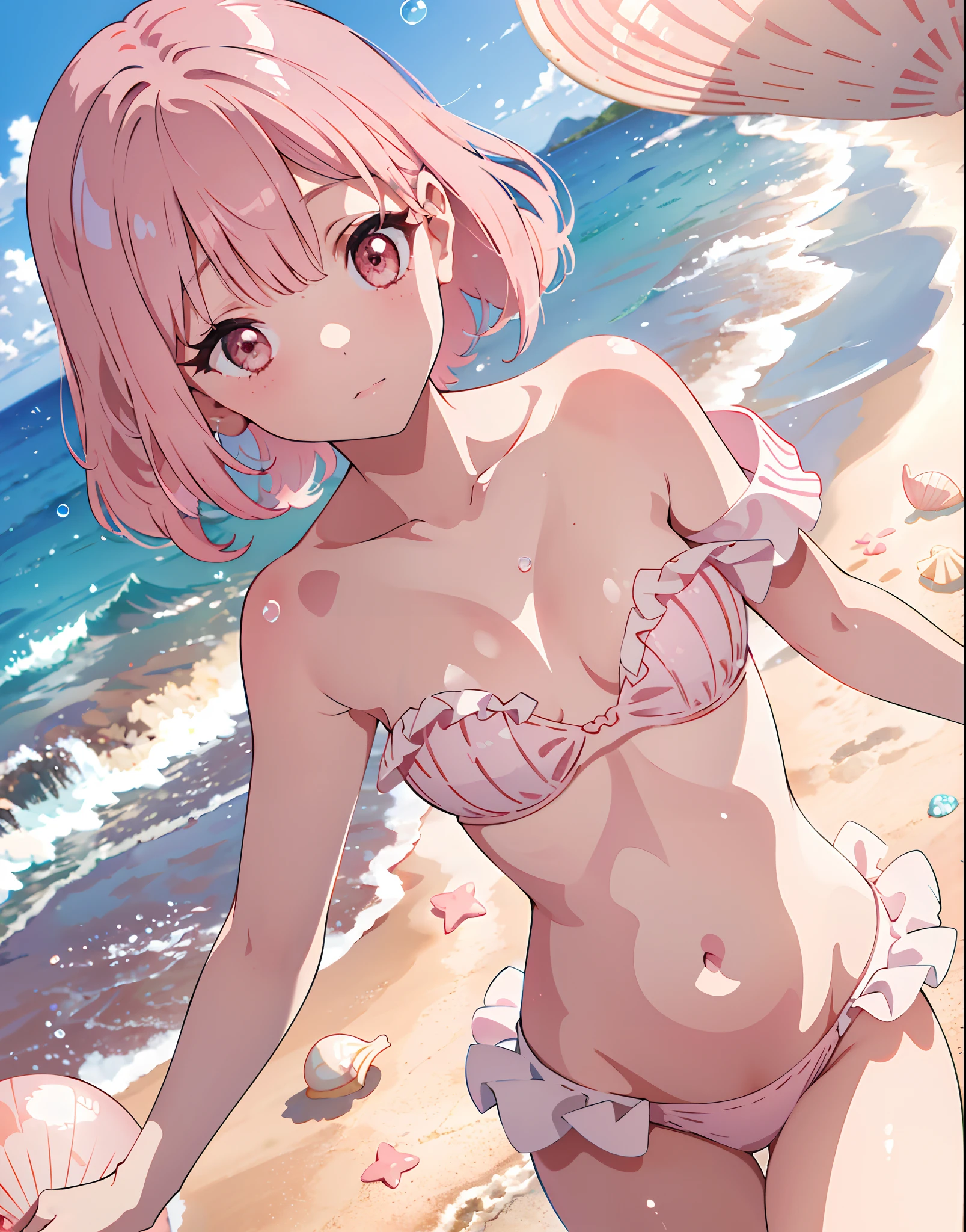 (8K, RAW photo, Best quality, masutepiece: 1.2), (Realistic, Realistic: 1.37) There are pink shells on the beach, there are waters, Pearlescent, pearls and shells, Soft spill, pearls, Pink jellyfish are everywhere, Soft 3D rendering, Ethereal bubbles, Bubble landscape, Elay shader, pastel pink, Pink reflections, Pearl Sky, shells, Paradise pink, Pastel colors, Pink pastels,