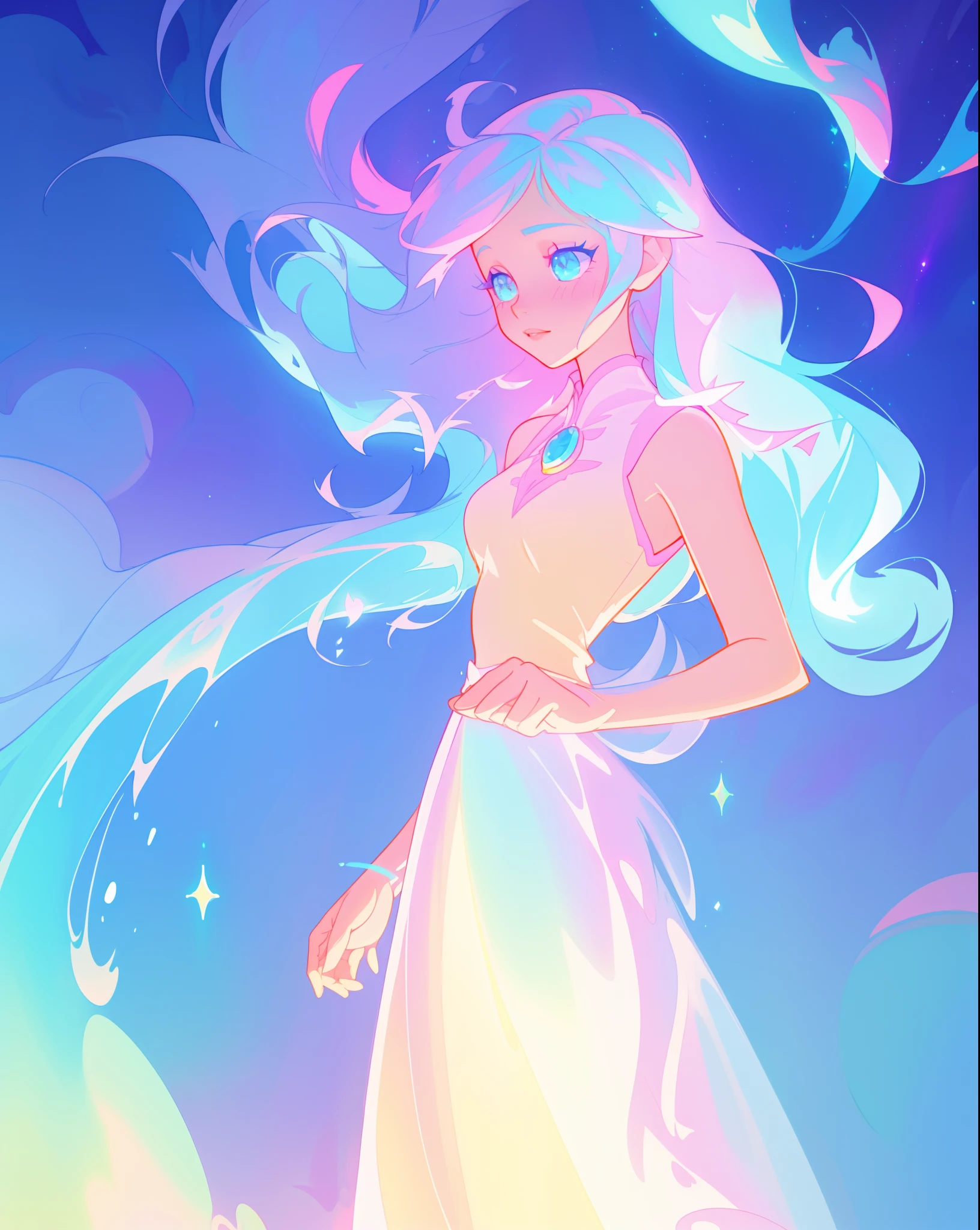 beautiful girl, simple white princess ballgown, vibrant pastel colors, (colorful), colorful flowing long liquid hair, magical lights, sparkling magical liquid, inspired by Glen Keane, inspired by Lois van Baarle, disney art style, by Lois van Baarle, glowing aura around her, by Glen Keane, jen bartel, glowing lights! digital painting, flowing glowing hair, glowing flowing hair, beautiful digital illustration, fantasia background, whimsical, magical, fantasy, ((masterpiece, best quality)), intricate details, highly detailed, sharp focus, 8k resolution, sparkling detailed eyes, liquid watercolor
