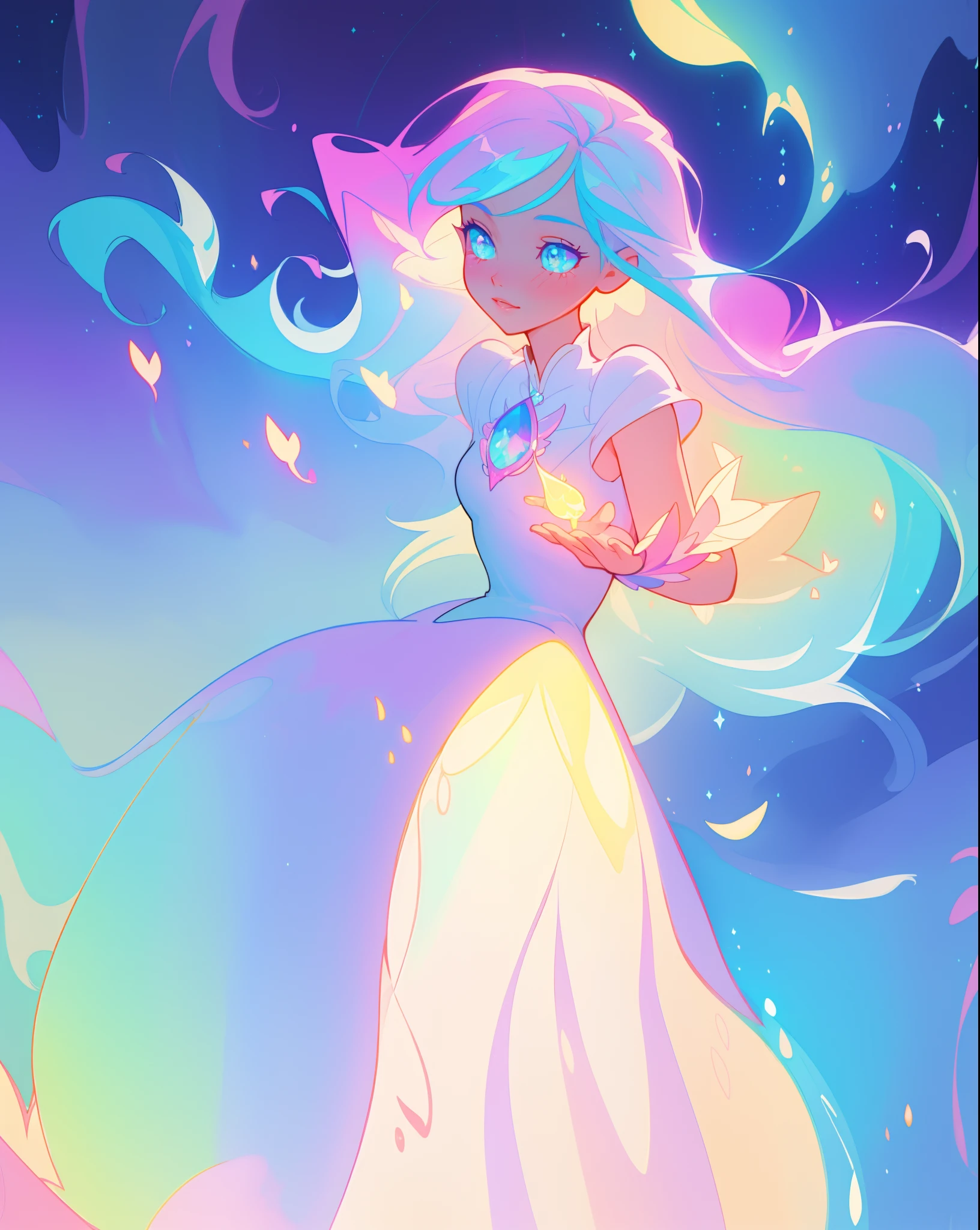beautiful girl, simple white princess ballgown, vibrant pastel colors, (colorful), colorful flowing long liquid hair, magical lights, sparkling magical liquid, inspired by Glen Keane, inspired by Lois van Baarle, disney art style, by Lois van Baarle, glowing aura around her, by Glen Keane, jen bartel, glowing lights! digital painting, flowing glowing hair, glowing flowing hair, beautiful digital illustration, fantasia background, whimsical, magical, fantasy, ((masterpiece, best quality)), intricate details, highly detailed, sharp focus, 8k resolution, sparkling detailed eyes, liquid watercolor