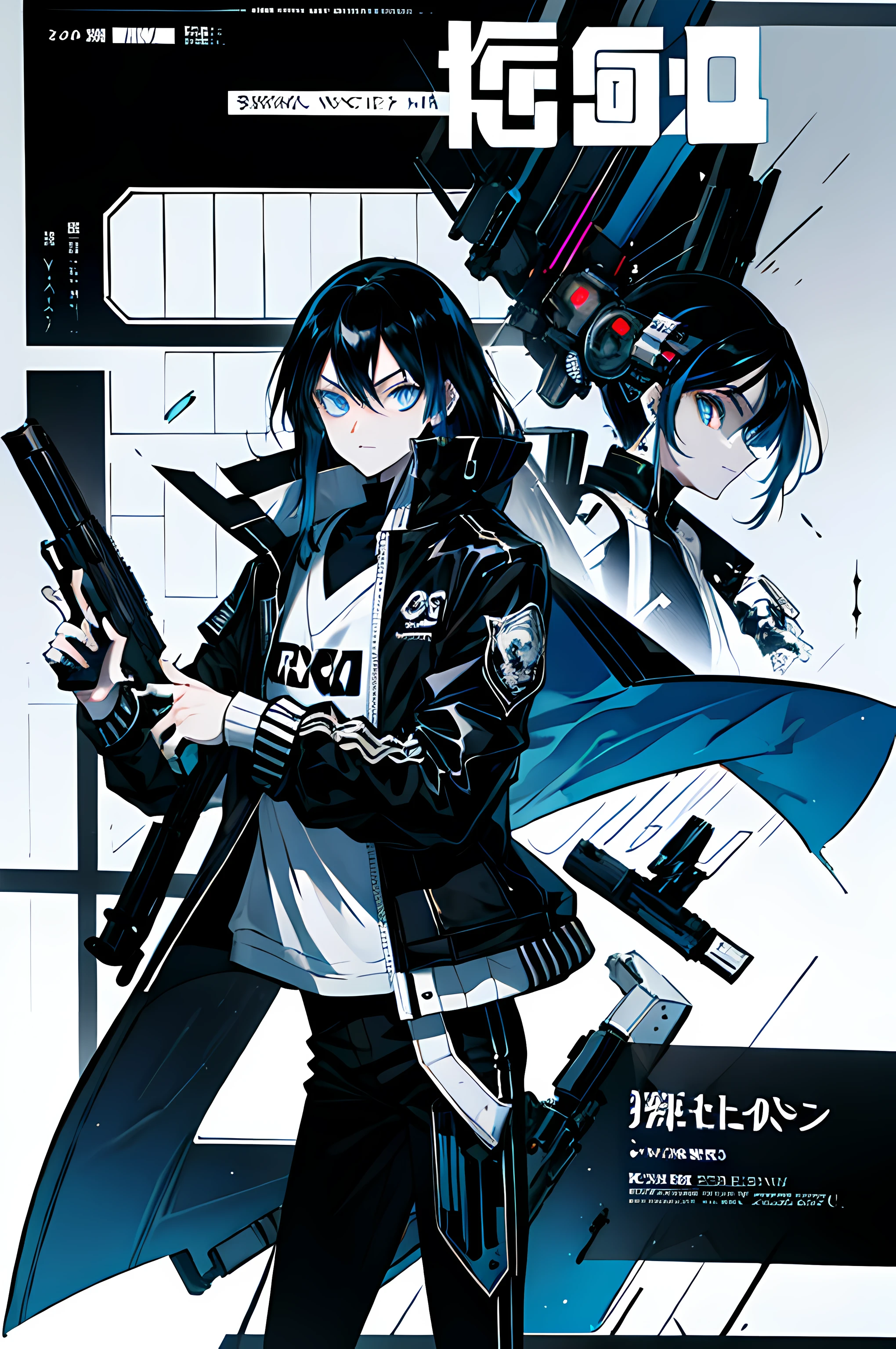 Boy, 20 y.o, black long hair, cyberpunk clothes, B/W color pallet, net-runner, blue eyes, with a gun in his hand, best quality, ray tracing, luxury-book-stylized corners,Manga Cover, manga
