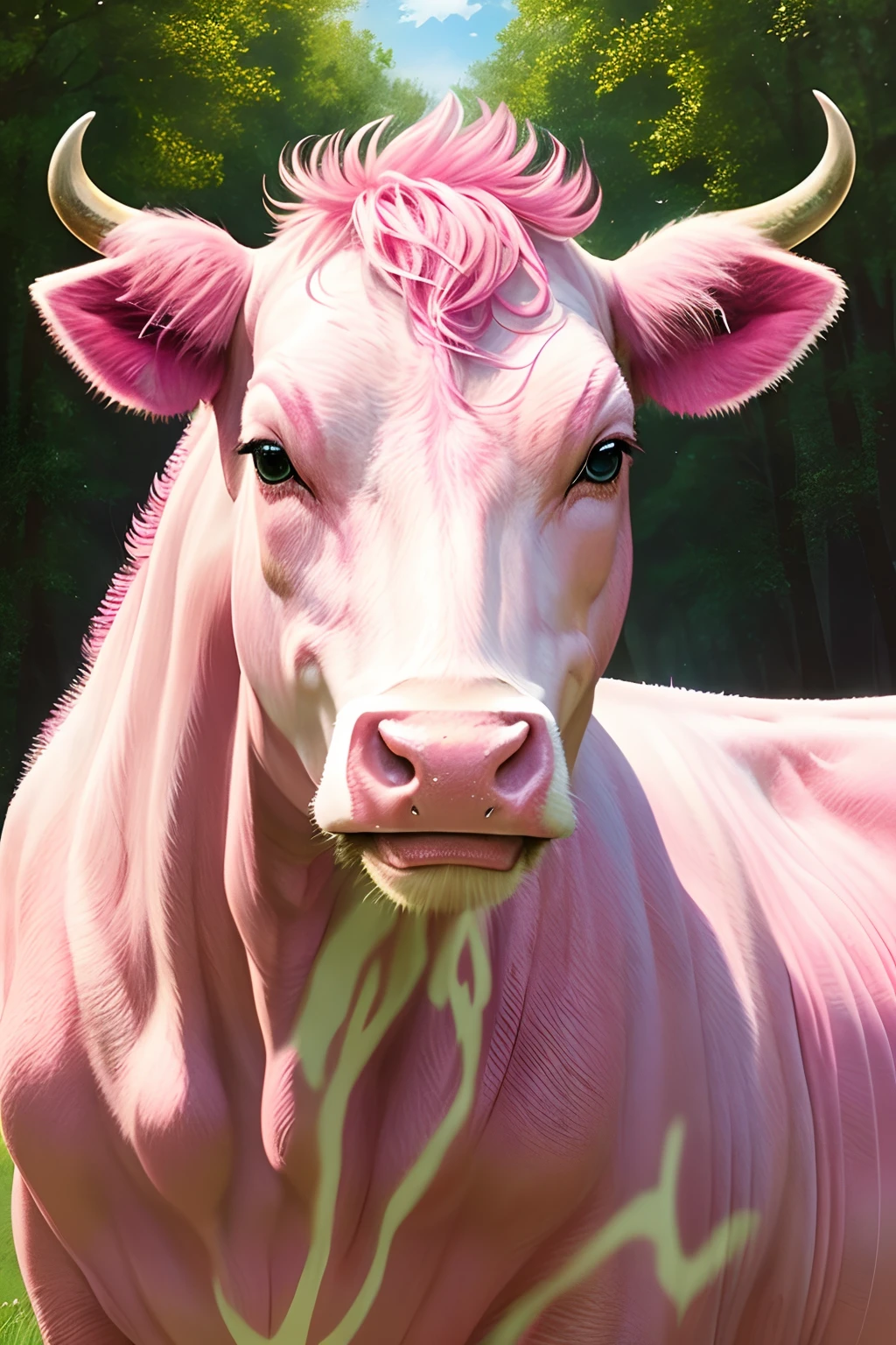 shocked feral cow with White fur with long Pink mane and Green eyes standing on all fours there are some traces of magic floating around her she is in a barn
