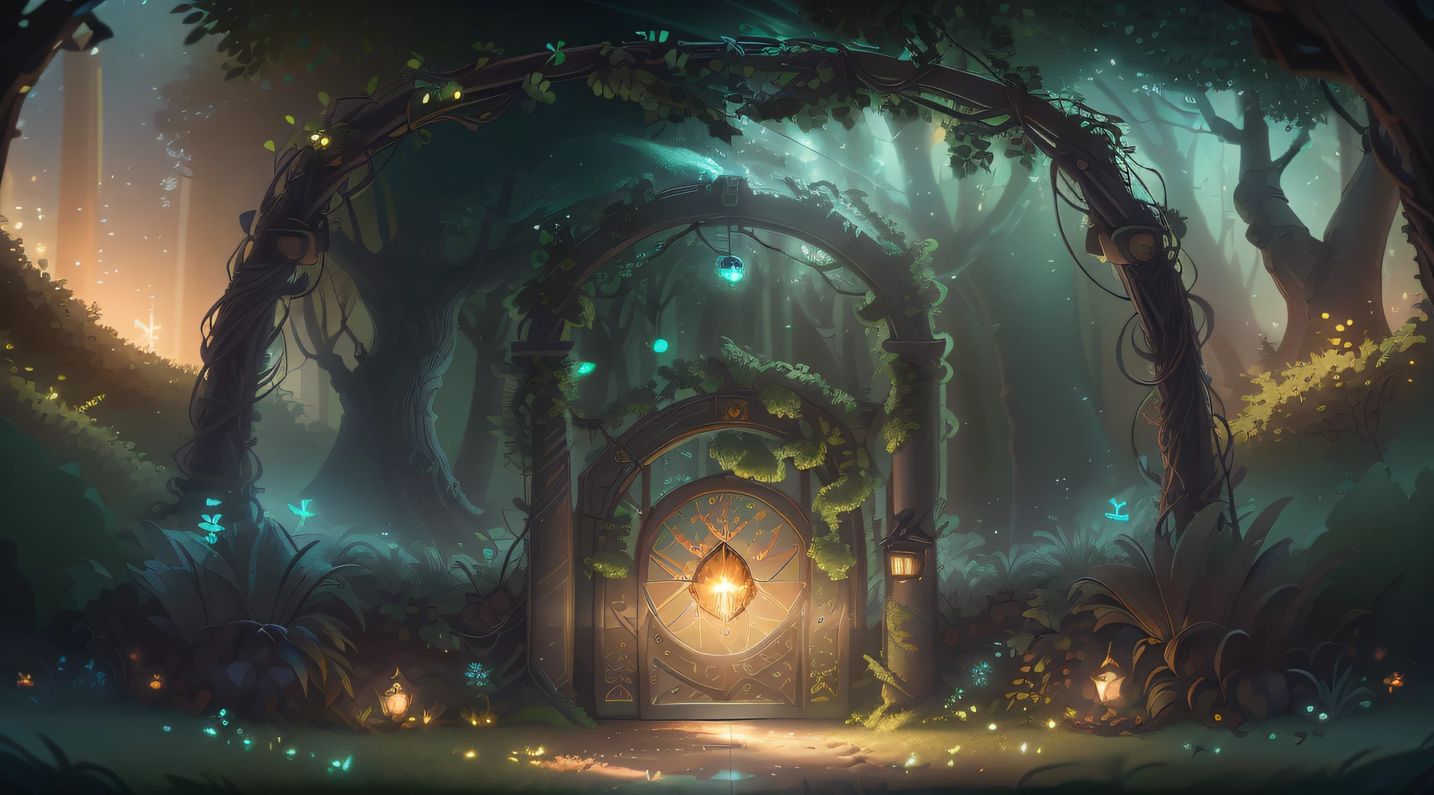 (Digital Artwork:1.3) of (Sketched:1.1) octane render of a mysterious dense forest with a large (magical:1.2) gate (portal:1.3) to the eternal kingdom, The gate frame is designed in a round shape, surrounded by delicate leaves and branches, with fireflies and glowing particle effects, (UI interface frame design), (natural elements), (jungle theme), (square), (leaves) , (twigs), (fireflies), butterflies, (delicate leaves), (glow), (particle effects, light engrave in intricate details, (light particle:1.2), (game concept:1.3), (depth of field:1.3), global illumination,Highly Detailed,Trending on ArtStation