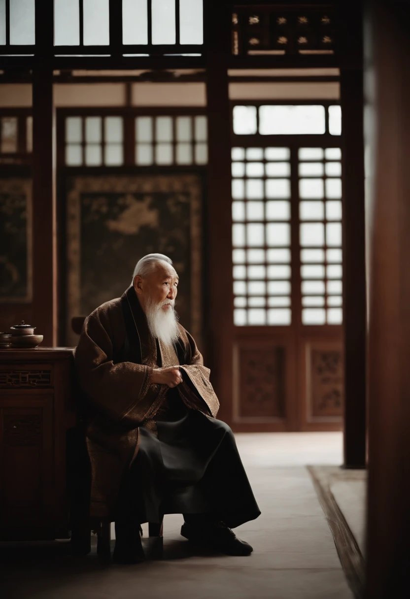 A old man,Wear a Chinese coat,The frontal one sits on a chair,In the study,The background is a traditional Chinese painting,Slight smile,kind,