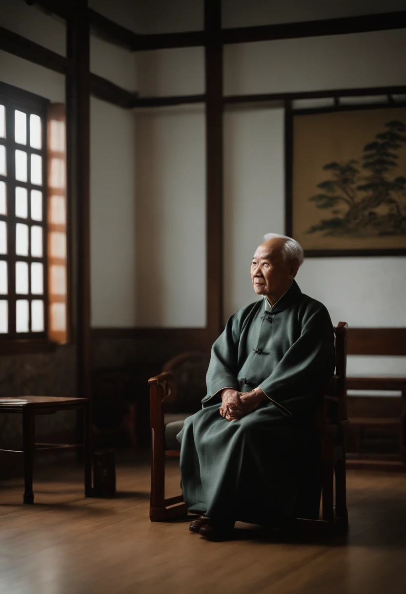 A old man，Wear a Chinese coat，The frontal one sits on a chair，In the study，The background is a traditional Chinese painting，Slight smile，kind，