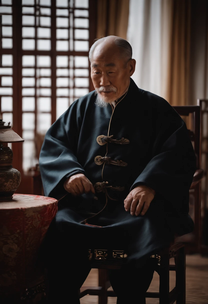 A old man，Wear a Chinese coat，The frontal one sits on a chair，In the study，The background is a traditional Chinese painting，Slight smile，kind，