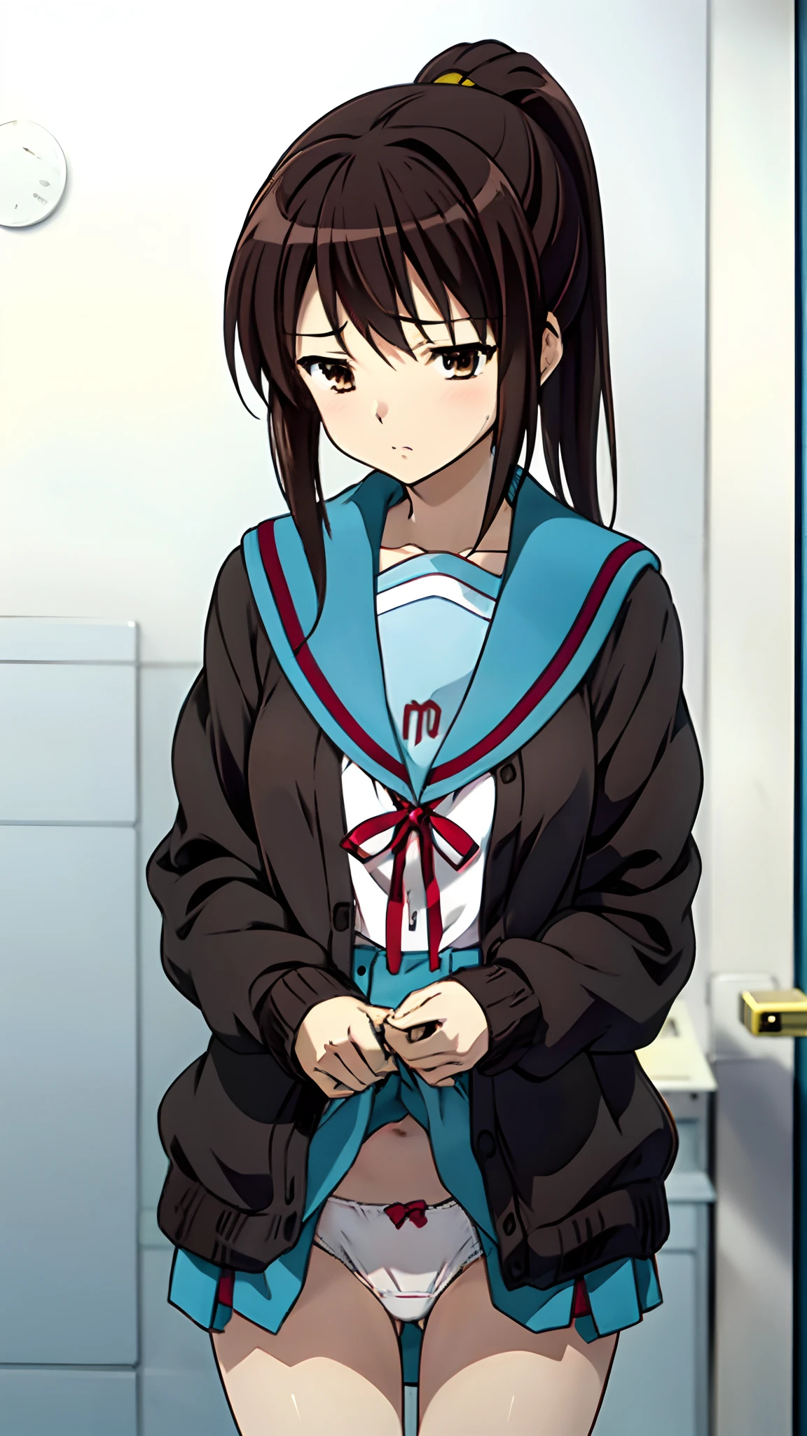kyoani style, anime style, best quality, 4k, masterpiece, standing girl, 1 girl, solo, 1 schoolgirl, upper body, (front angle), looking at camera, brown hair, ponytail hairstyle, brown eyes, [empty eyes], [short girl], (flat breast:1.25), [suzumiya haruhi], sailor uniform, [[sleepy eyes]], averted eyes, [daydreaming], [expressionless],(nsfw),(skirt lift:1.3),(white pantie:1.3), showing off panties, blush, kita high school uniform, winter uniform, [[blue skirt]], cardigan, open clothes, open cardigan