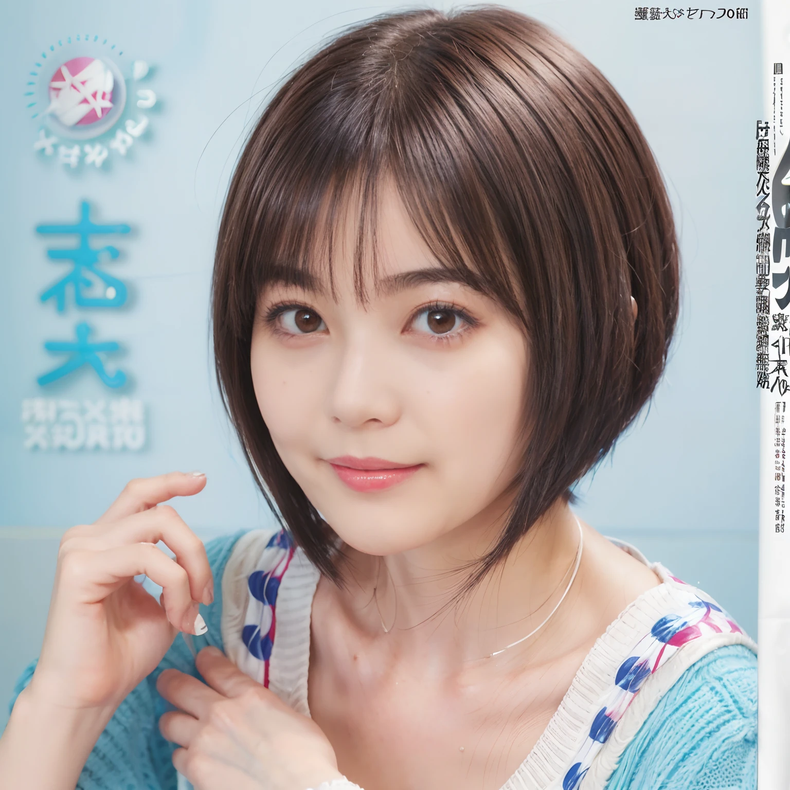 57
(a 20 yo woman), (A hyper-realistic), (masutepiece), (Short bob cut:1.46), Hairstyle with visible ears, (Breast), kindly smile, (Graphic wetwear with anime characters printed on it)