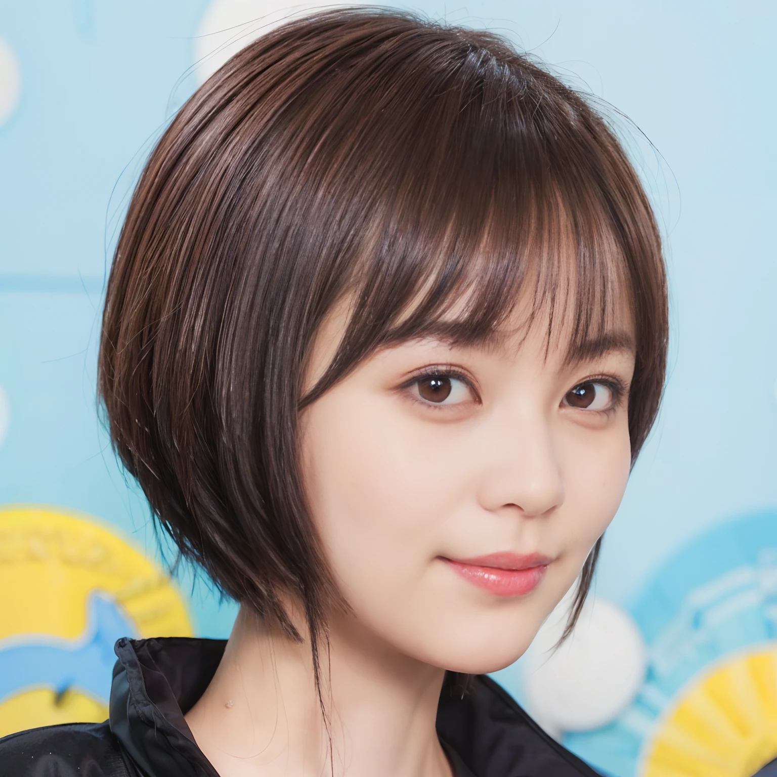 57
(a 20 yo woman), (A hyper-realistic), (masutepiece), (Short bob cut:1.46), Hairstyle with visible ears, (Breast), kindly smile, (Graphic wetwear with anime characters printed on it)