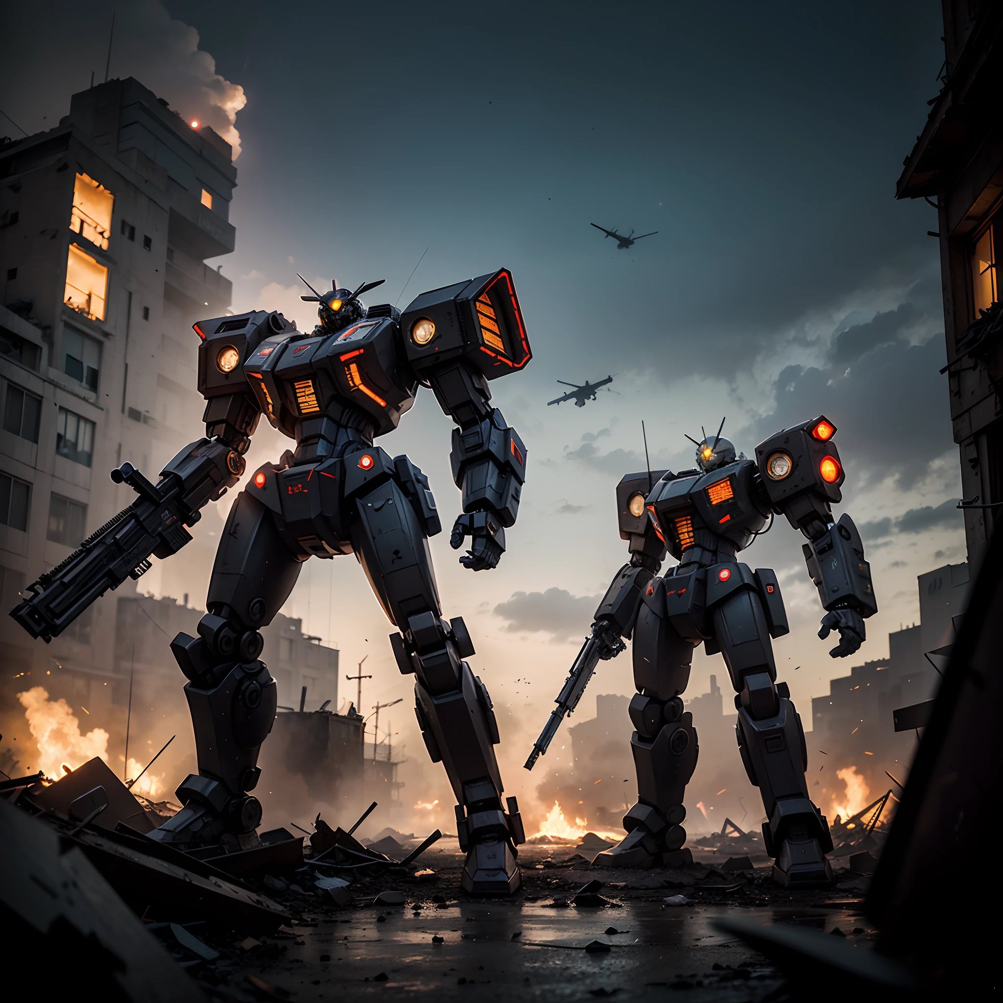 A mecha, holding a beam rifle, militaristic mech, armoured core 6 mech,dark gritty atmosphere,red visors, warzone, surrounded by destroyed buildings,