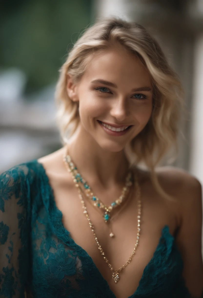 blurry, young, delicate face, blonde hair, bare shoulders, naked, necklace, smile