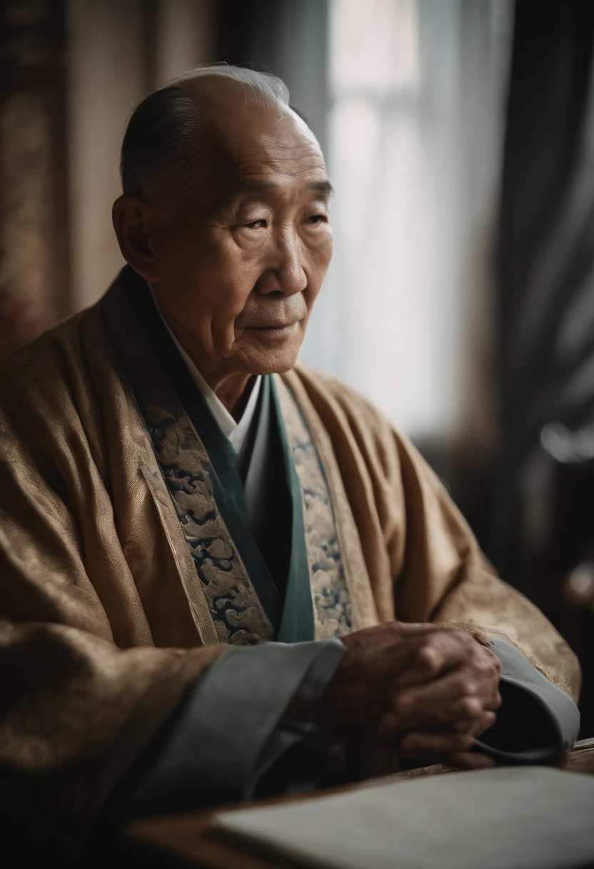 A old man,Wear a Chinese coat,The frontal one sits on a chair,In the study,The background is a traditional Chinese painting,Slight smile,kind,Medium shot,Look at me head-on