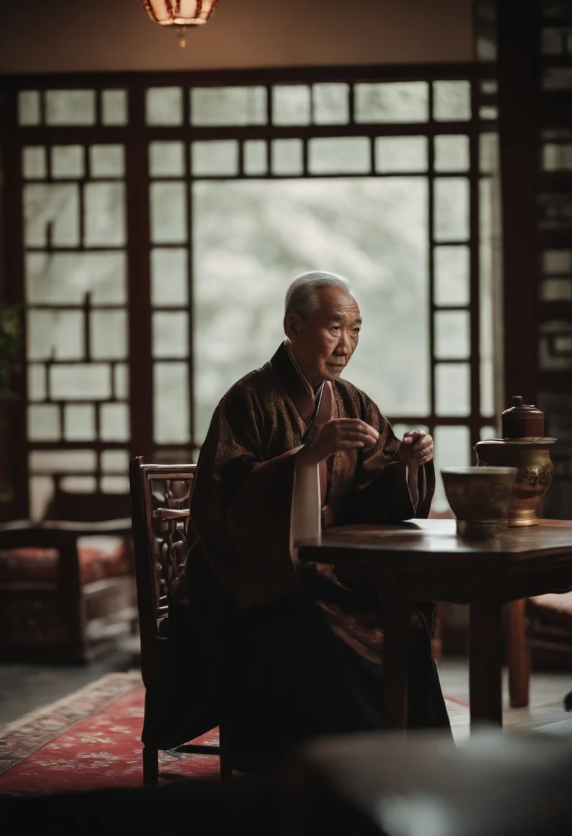 A old man,Wear a Chinese coat,The frontal one sits on a chair,In the study,The background is a traditional Chinese painting,Slight smile,kind,Medium shot,Look at me head-on