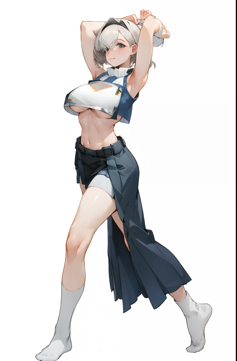 Bigboobs，cropped shoulders，knee length socks，pleatedskirt，Show your arms，No shoes on