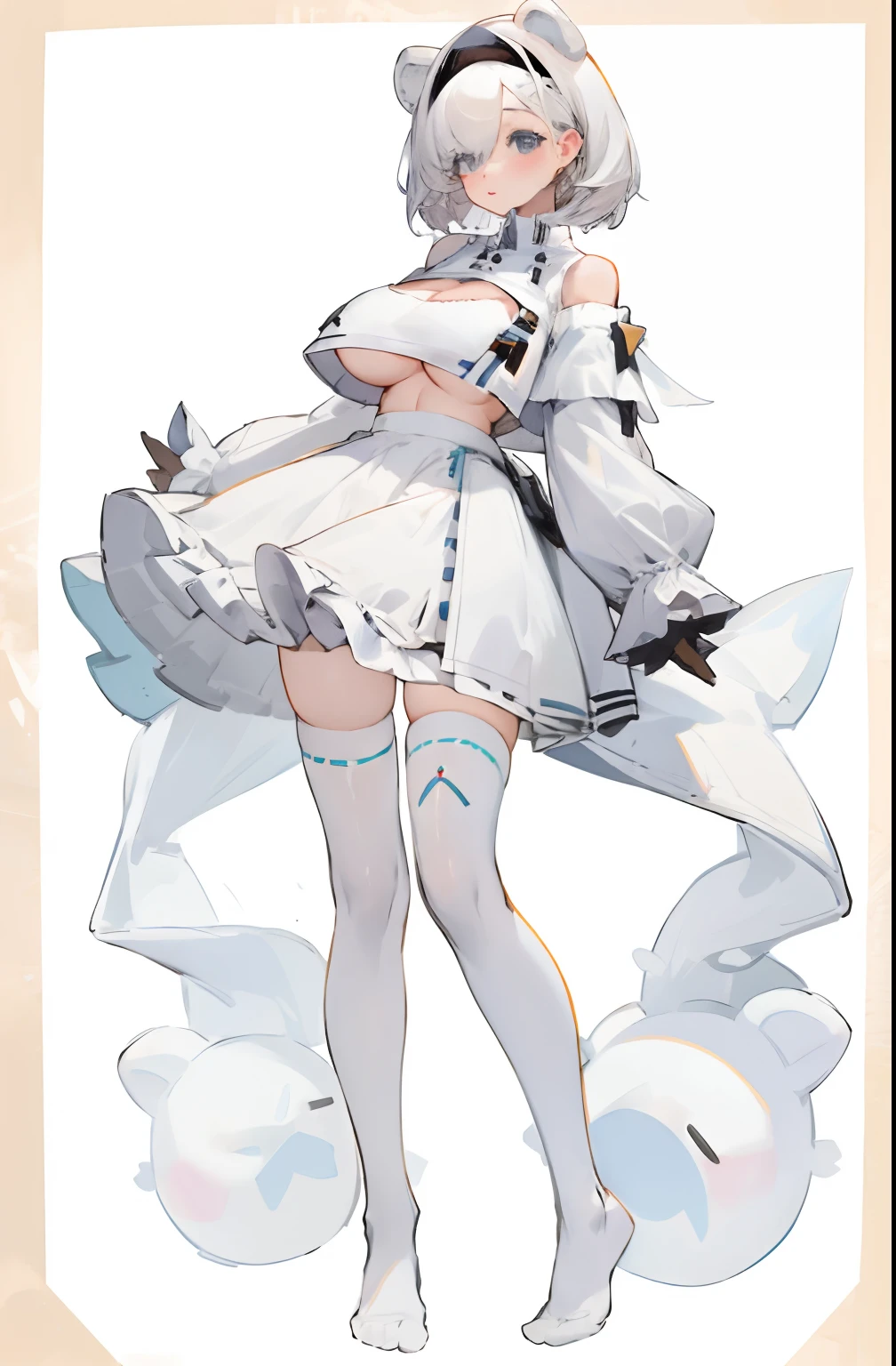 Bigboobs，No shoes，cropped shoulders，White knee-length stockings，White Lolita skirt，Stand up
