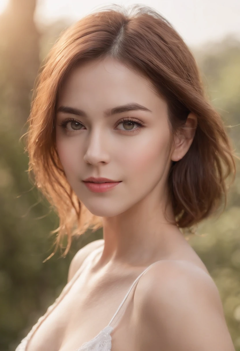 ((Realistic Lighting, Top Quality, 8K, Masterpiece: 1.3)), Clear Focus: 1.2, 1Girl, Perfect Beauty: 1.4, Slim Abs: 1.1, ((Light Brown Hair)), (Outdoor, )), Parkview, Super Fine Face, American Eyes, Double Eyelids, Facial Photo, Nice smiling , mischievous expression, blue eyes (((naked))),Vignette, Perfect (((Gorgeous face))), Highly detailed, iintricate,woman with matching white tank top and hot treking pants,short  hair