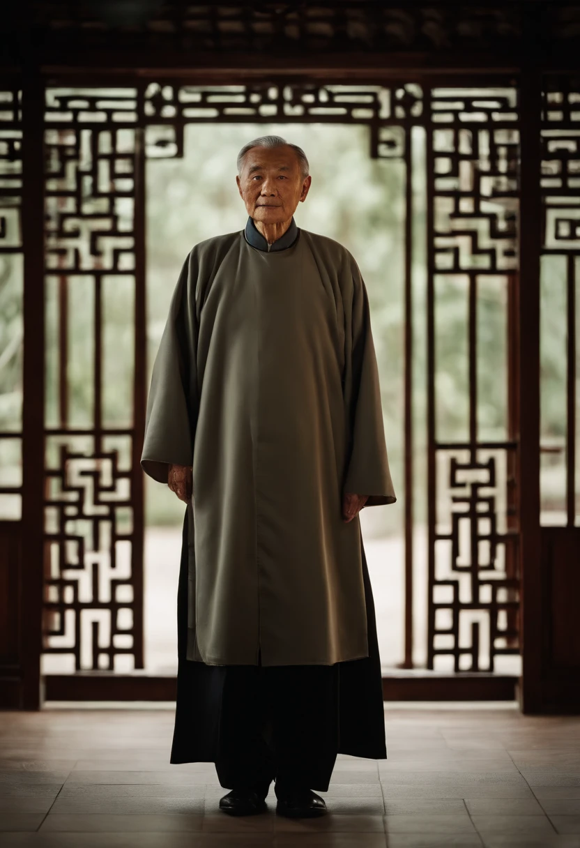 A old man,Wear a Chinese coat,The frontal one sits on a chair,In the study,The background is a traditional Chinese painting,Slight smile,kind,Medium shot,Face the camera