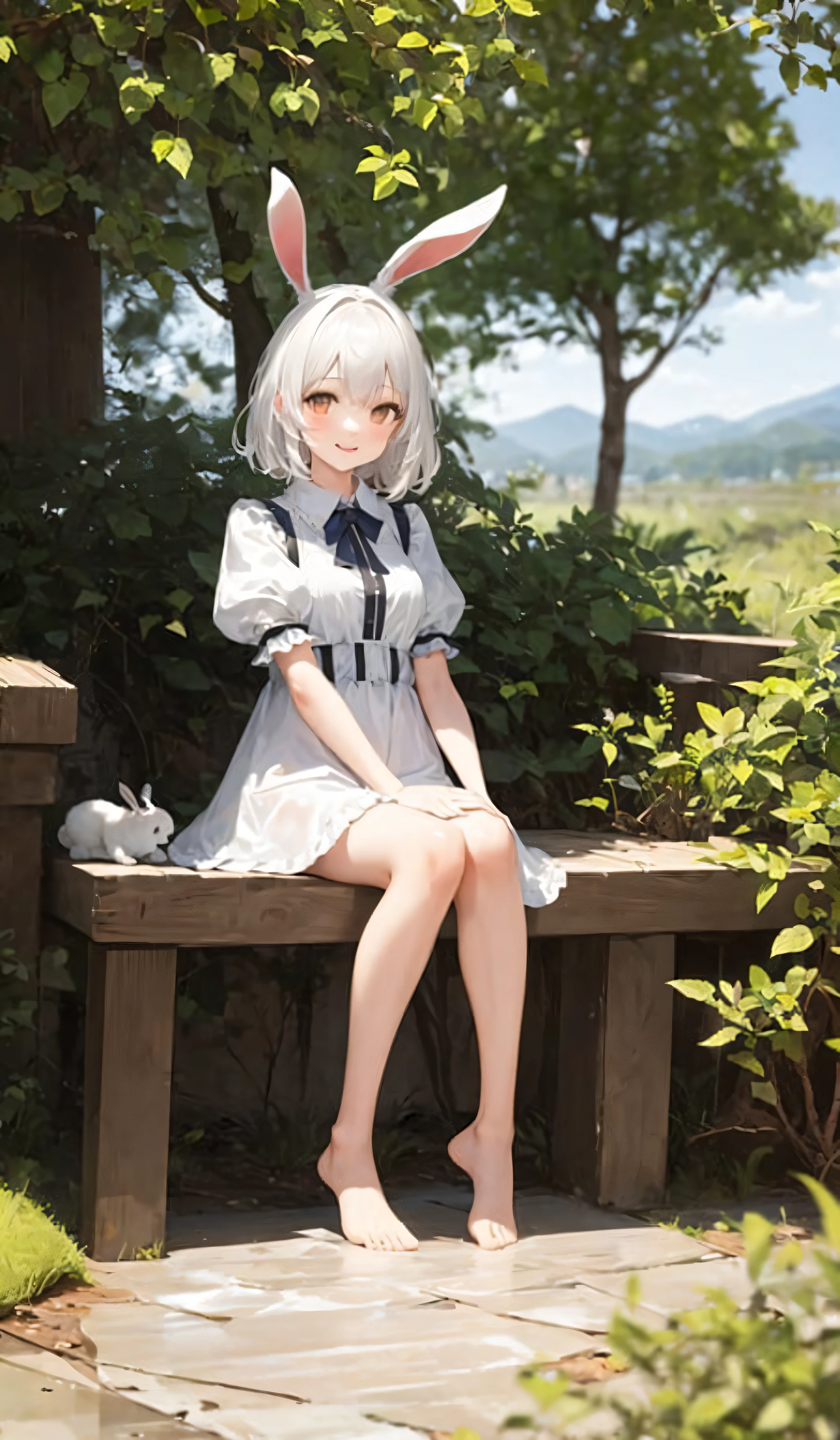 ((masterpiece,best quality)),1girl, solo, animal ears, rabbit, barefoot, knees up, dress, sitting, rabbit ears, short sleeves, looking at viewer, grass, short hair, smile, white hair, puffy sleeves, outdoors, puffy short sleeves, bangs, on ground, full body, animal, white dress, sunlight, brown eyes, dappled sunlight, day, depth of field ,wet gorund,