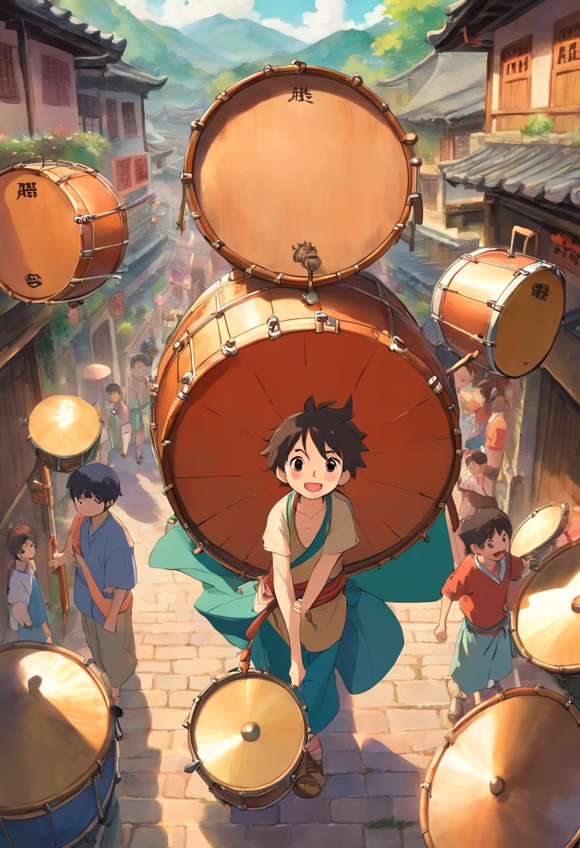 SuperiorQuality, tmasterpiece, soft focus , Bright gradient watercolor , visionary , People banging copper drum background, Libido boy、Village Guangxi Zhuang March 3