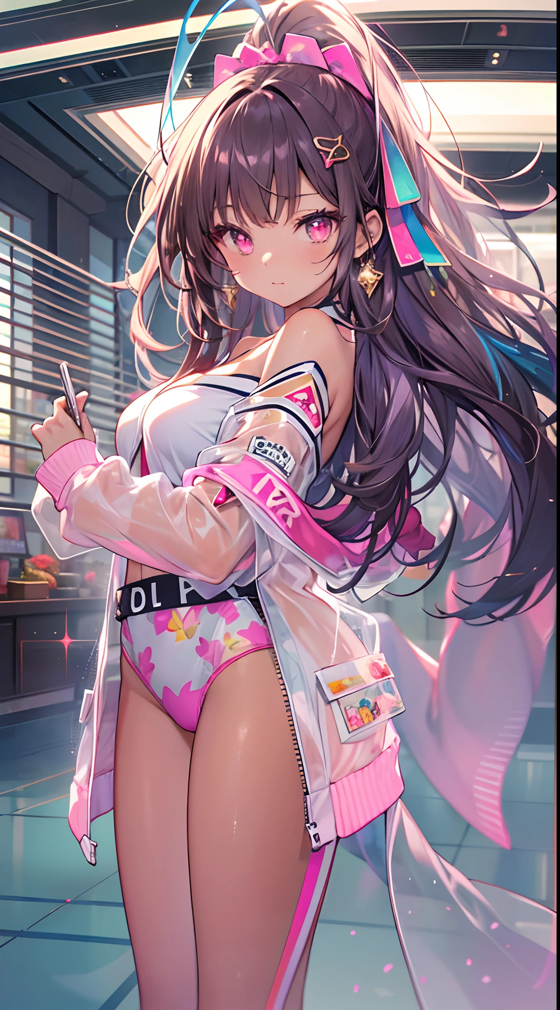 ((Masterpiece)), best quality, absurderes, ultra detailed, holographic, cowboy shot, golden ratio, super cute girl, mature girl, idol girl, super beautiful asian girl with very beautiful violet glowing eyes, beautiful glowing brown multicolored hair, high ponytail, nice and sexy body, slim body, perfect body, an anime printed super tight off shoulder long sleeve crop top, a super aesthetic transparent mini jacket, beautiful hair ornament, pink jordan tennis, being photographed in a mall shop, undressing, showing neon pink panties, showing thong,