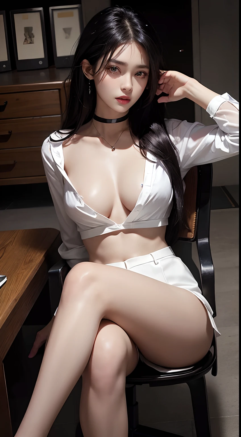 (Masterpiece, Best quality, Photorealistic, Beautiful lighting, Cinematic lighting, Glossy glossy skin, Medium breasts, Glowing eyes, Glowing hair, Vibrant colors,) Office, Pantyhose, White shirt, Black skirt, White hair, Orange eyes, Long hair, Messy hair, hair on one eye, From above, sit on chair, Crossed legs, Black stiletto heels, button- shirt, Open the button shirt, Black lingerie bra, choker necklace, rolled up sleeves,