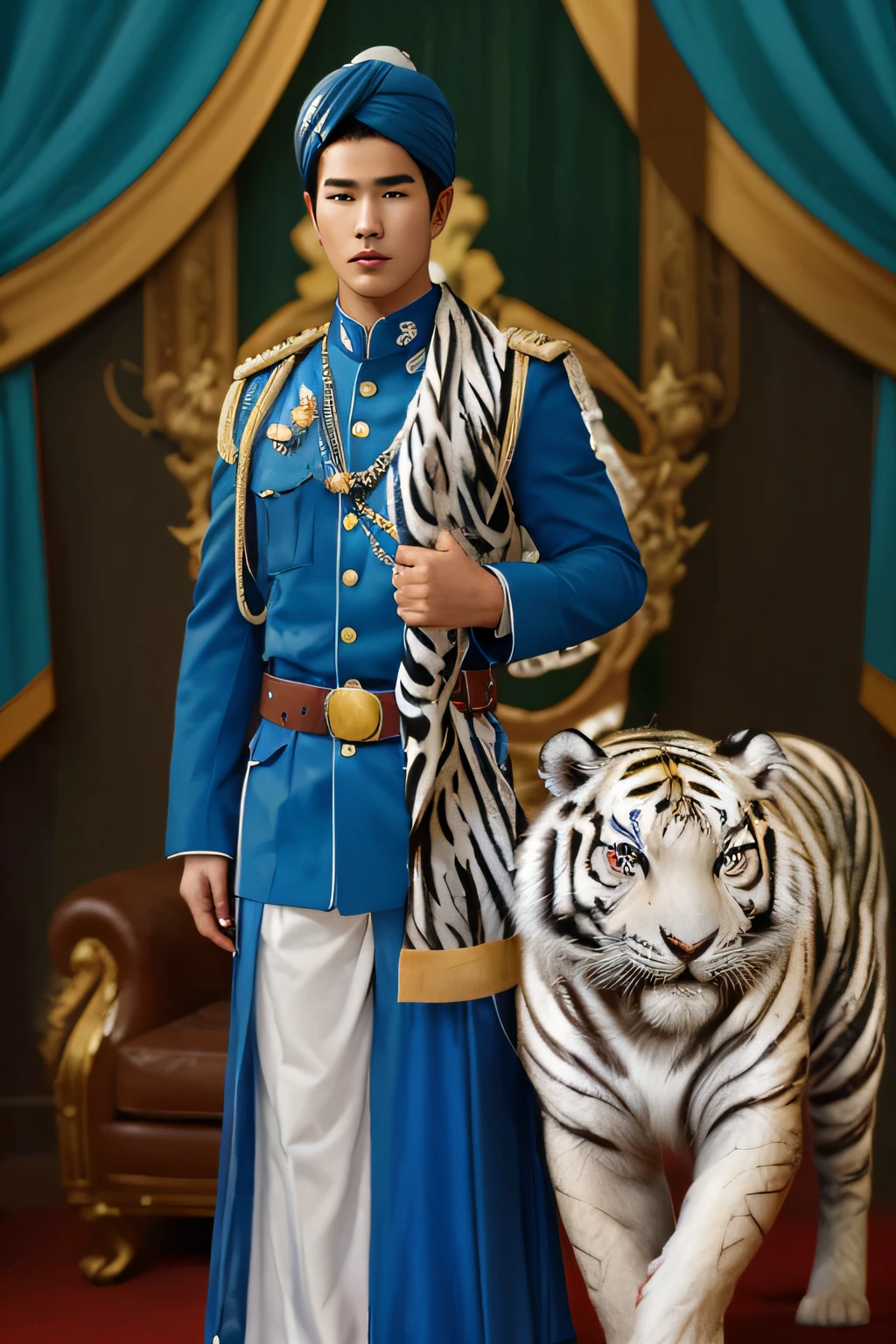 mario maurer in blue turban, military uniform, white tiger skin leather, and white tiger. make image painting