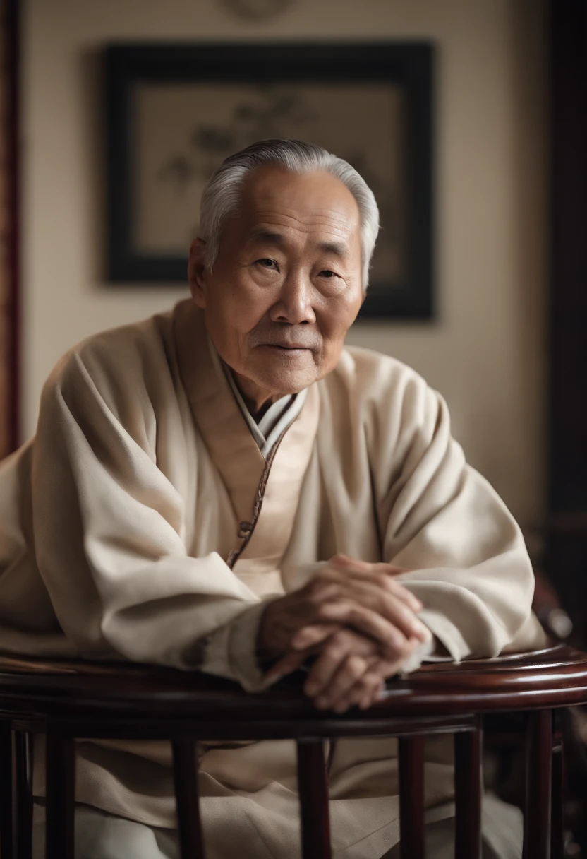 A old man，Wear a Chinese coat，The frontal one sits on a chair，In the study，The background is a traditional Chinese painting，Slight smile，kind，Close-up shot，Face the mirror，