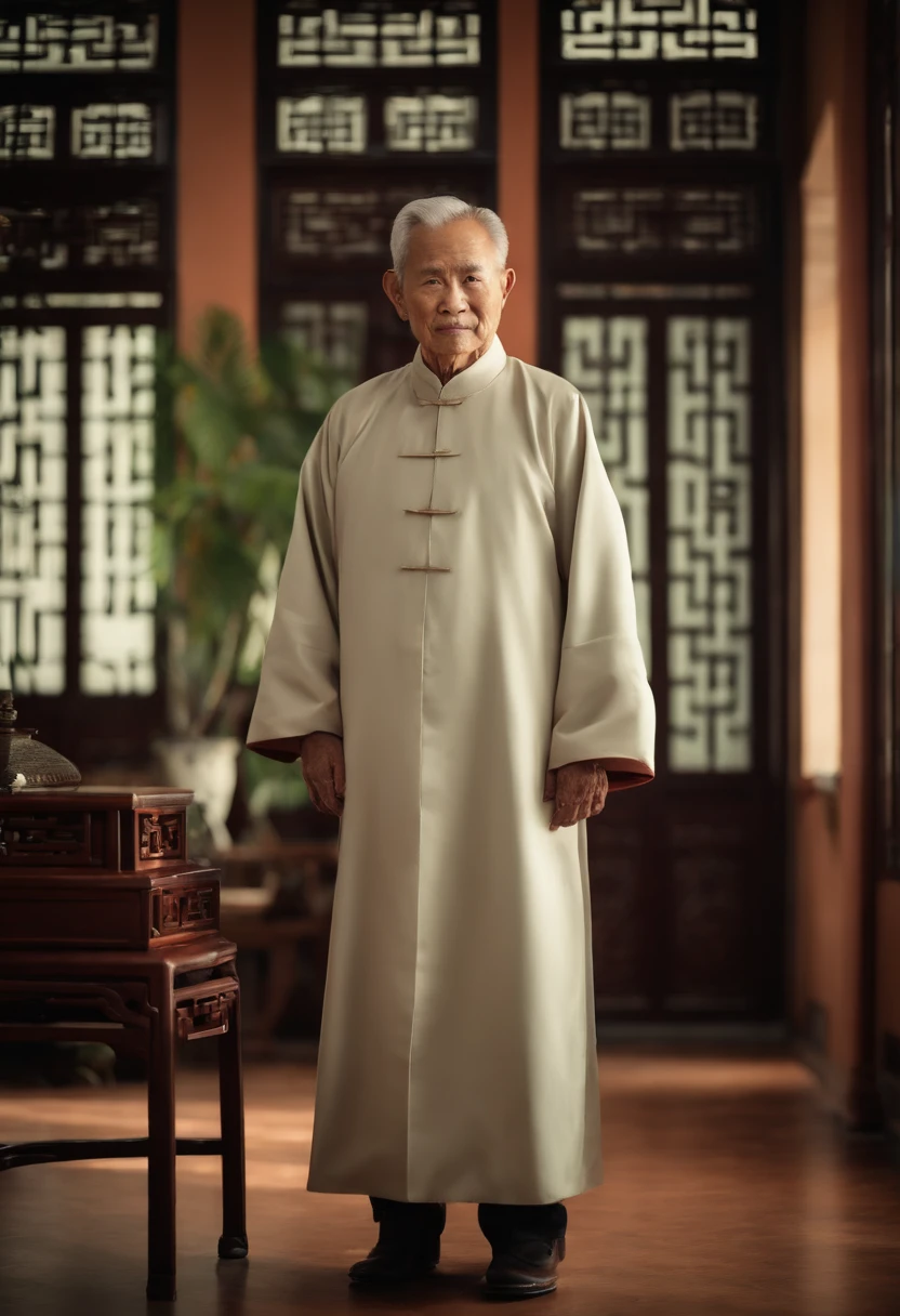 A old man,Wear a Chinese coat,The frontal one sits on a chair,In the study,The background is a traditional Chinese painting,Slight smile,kind,Close-up shot,Face the mirror,