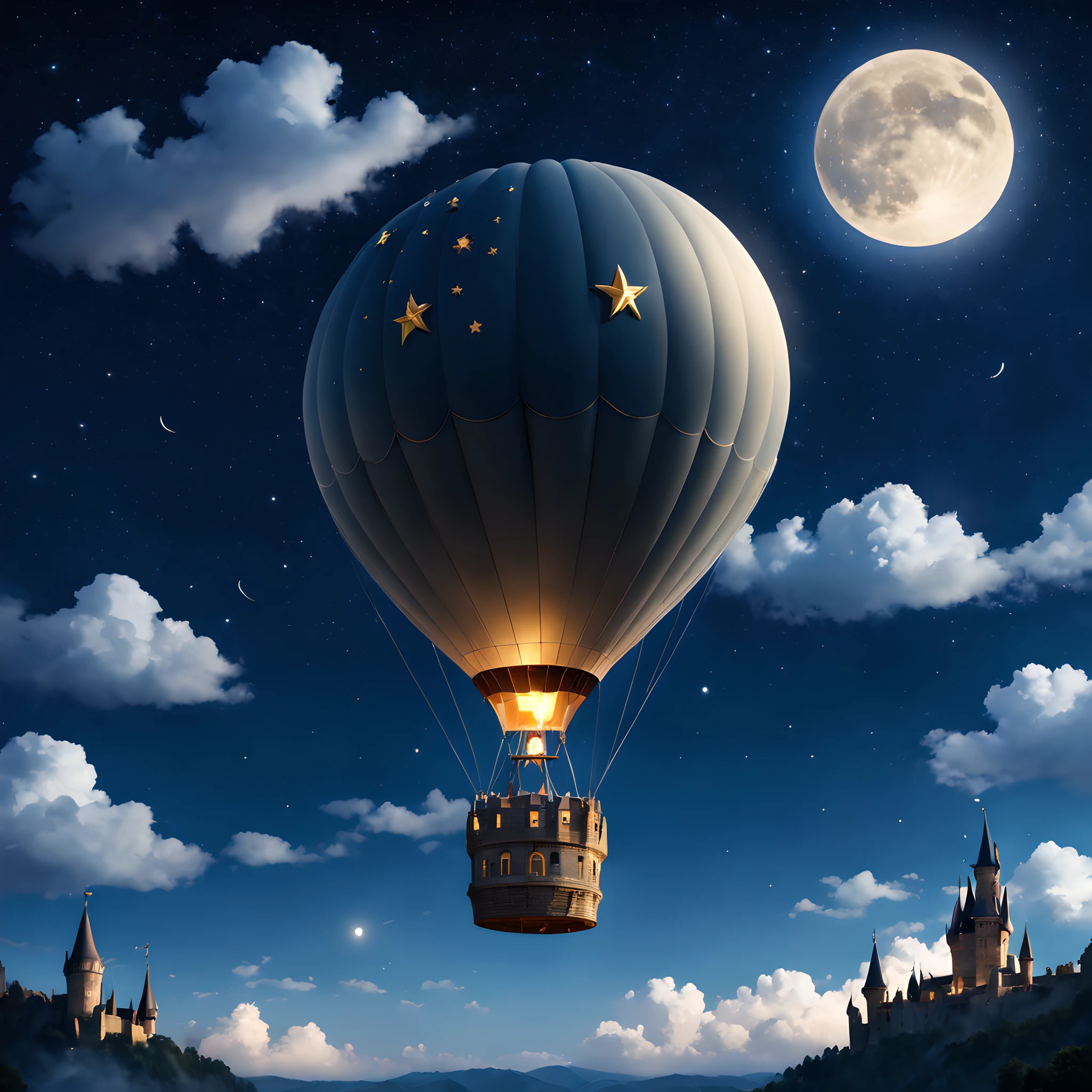 hot air ballonn:1.5, in the sky, starry sky, star, stars, moon, cloud, An image inspired by the castle in the sky Laputa、