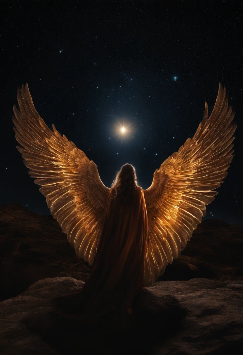 Genera una imagen en Full HD que muestre a Abraxas en su totalidad, con una estatura de 2 metros y una contextura gruesa. Su piel debe brillar con patrones de estrellas y galaxias en constante movimiento, The sacred symbols engraved on your skin should shine majestically. He must wear a divine robe or armor that incorporates cosmic elements, como estrellas y constelaciones, And its phoenix wings should be conspicuously visible. La imagen final debe ser impactante, Reflecting His Divine and Cosmic Nature.Cosmic Fallen Angel, Ojos claros y brillantes, biomech, misterioso, horripilante, Pesadilla, colores muy brillantes, light particles, con luz brillante, Mshiff, Arte de papel pintado, Fondo de pantalla UHD