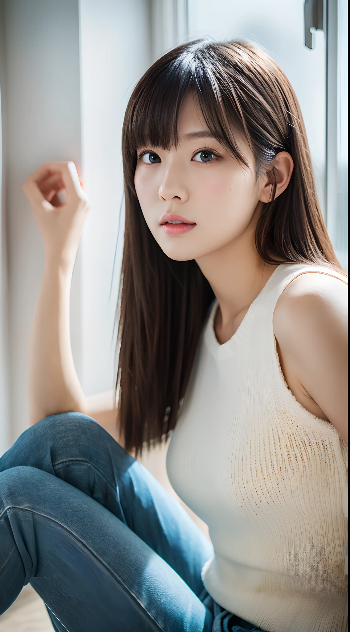((masterpiece:1.4、top-quality))、(photographrealistic:1.4)、profetional lighting、physically-based renderingt,Cowboy Shot,Longhaire、layers-Cut、extra detailed face、Detailed skin、(Beautiful japanese girl:1.05)、thin bunches of bangs、knit、denim pant、White Room、white walls、Bright lighting