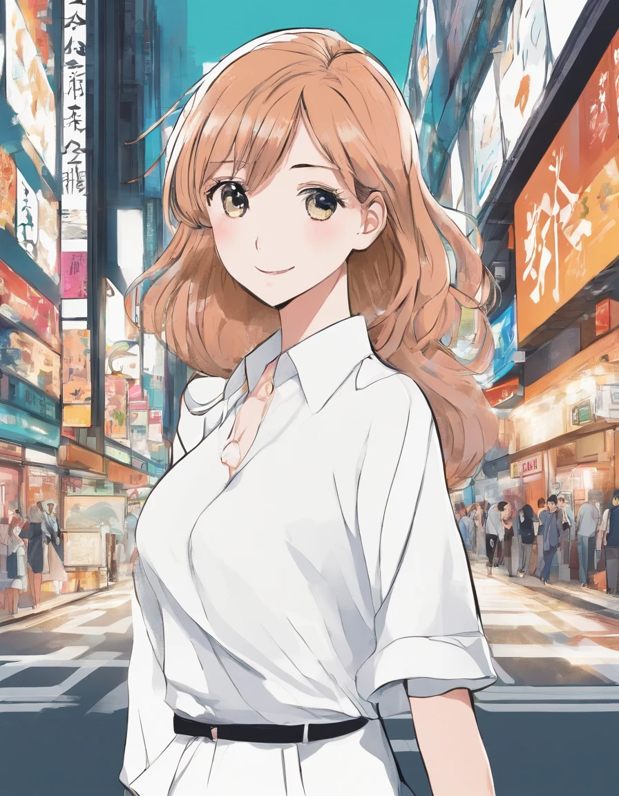 Rough of simple illustration、One beautiful mom in white shirt、Business Smile、Looks trustworthy、icons、Background is the back screen