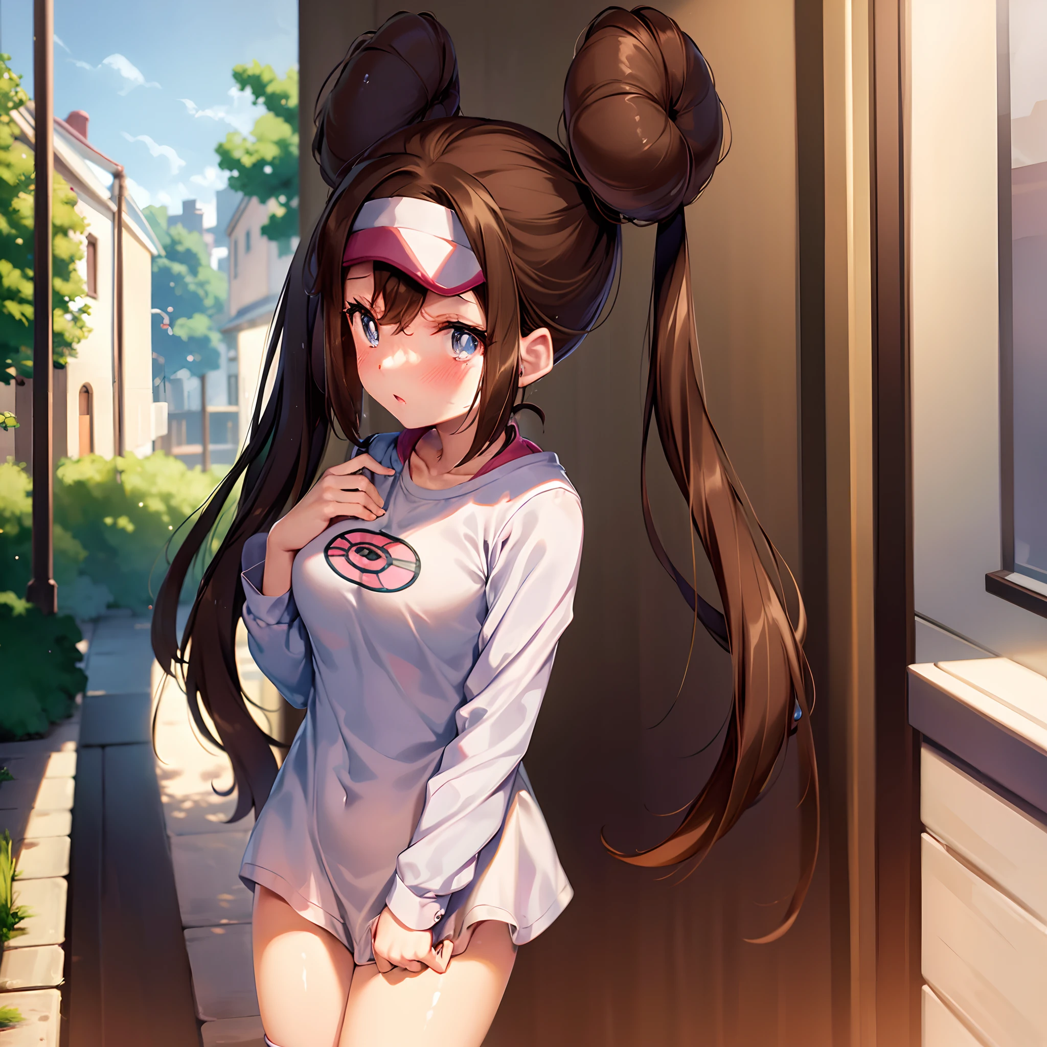 nsfw,rosa (pokemon), {{pokemon}}, ************, brown hair, long hair, twintails, double bun,{{{slender}}}, large breasts,half undress,undressing,  coat, embarrassed, facig viewer,nude,alleyway,