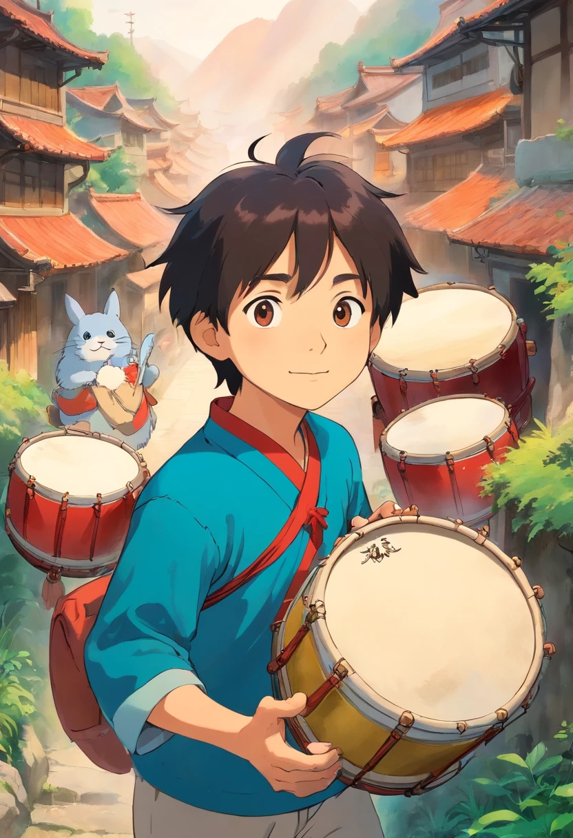 SuperiorQuality, tmasterpiece, soft focus , Bright gradient watercolor , visionary , Brass drum background boy、The village of Guangxi Zhuang is lively on March 3