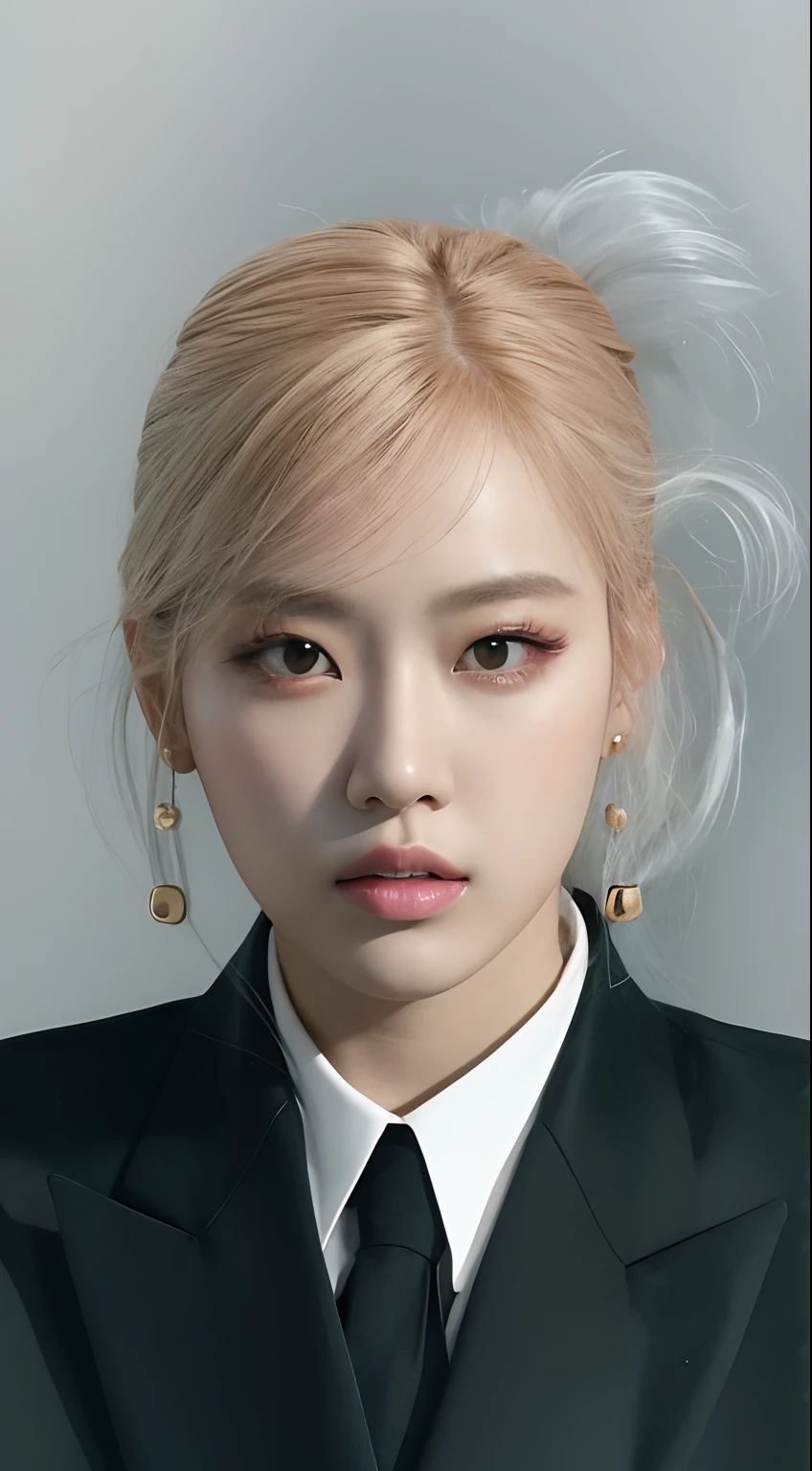 Imagen de una mujer con un traje negro y una camisa blanca, Retrato de Jossi de Blackpink, Retrato de Kpop Idol, inspirado por Yanjun Cheng, portrait of female Korean idol, Parque Roseanne de Blackpink, Jinyoung Shin, JIA, Kim Hyun Joo, Arte de Jinyoung Shin, Jossi de Blackpink, Heonhwa Choe, Retrato Jisoo Blackpink