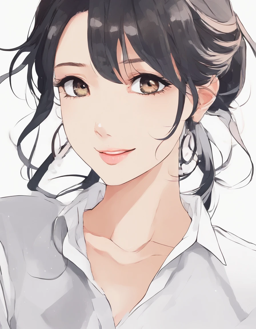 Simple illustration rough、Beautiful older sister in white shirt、Long hair、A dark-haired、Business Smile、Looks reliable、icons、White background、profile
