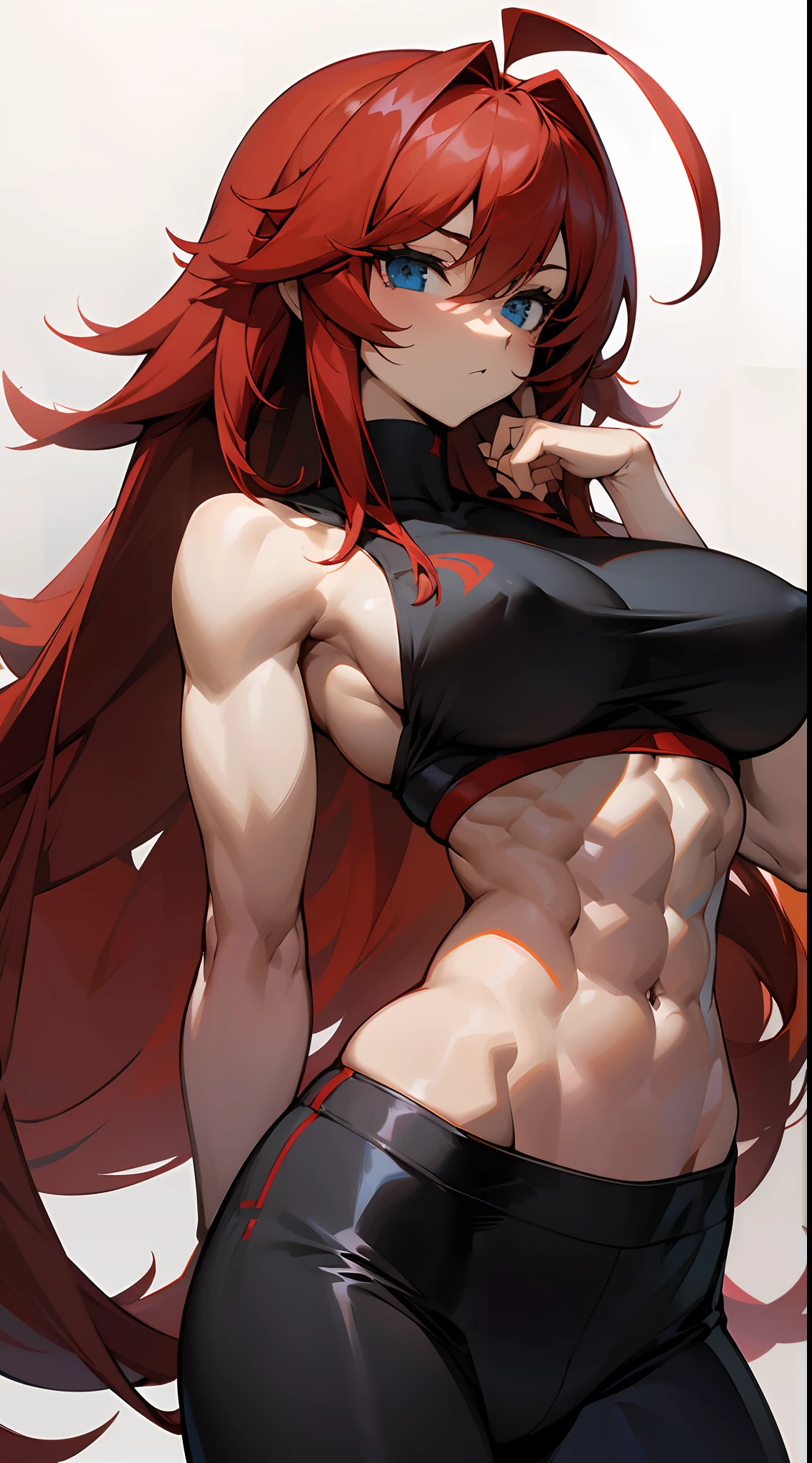 Rias Gremory, six-pack abs, arm muscles,Long hair, BLCK Sport Good, red hair, ahoge, blue eyes, large breasts, extra very long hair,big breastes, Black Sports Leggings, huge ahoge, Standing, Gym, the perfect body, perfect abs, A perfect chest, Ragged Press