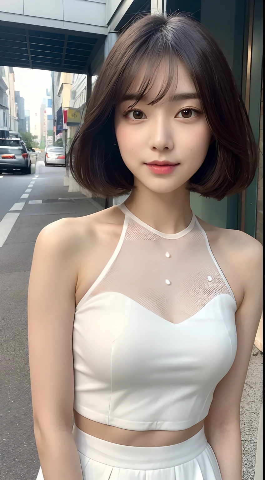 Neat and clean high school girl、((((Long white silk camisole、White panties))))、Outside the stadium、(slim)、Realistic、detailed, Skin Texture, 超detailed、Delicate and sexy collarbone、A sloppy smile、スーバーdetailedな顔、detailed唇、detailedな目、Small breasts、Small breasts、、Small breasts、Flat Chest、Accentuate your breasts、Bright Face、((スカートからWhite pantiesが見えている、Lift the hem of your skirt slightly with both hands..,,)), Short hair with bangs、Straight Bob Hair、Angle from quite a top、10 years old、、(((Dark sunburn、Tanned brown skin、Black skin color)))、(Dark brown skin:1.)、((Leaning forward with hands on knees))