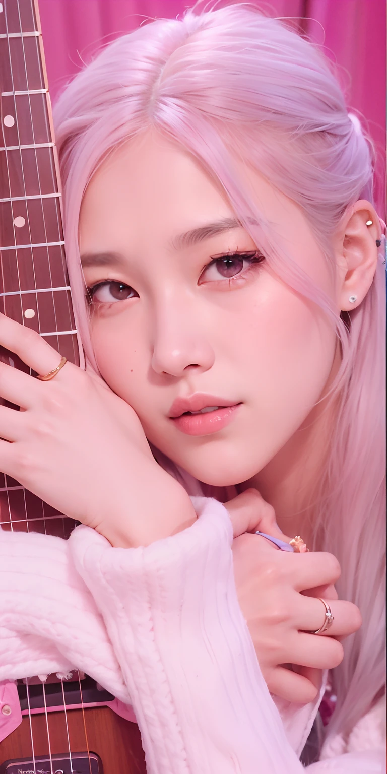 Un primer plano de una persona sosteniendo una guitarra cerca de una cortina rosa, Parque Roseanne de Blackpink, Retrato de Jossi de Blackpink, Retrato Jisoo Blackpink, Jossi de Blackpink, Jisoo de Blackpink, Jisoo de Blackpink, Kim Doyoung, Jaeyeon Nam, Heonhwa Choe, Taejune Kim, portrait of female Korean idol, JIA, Parque Ji-min