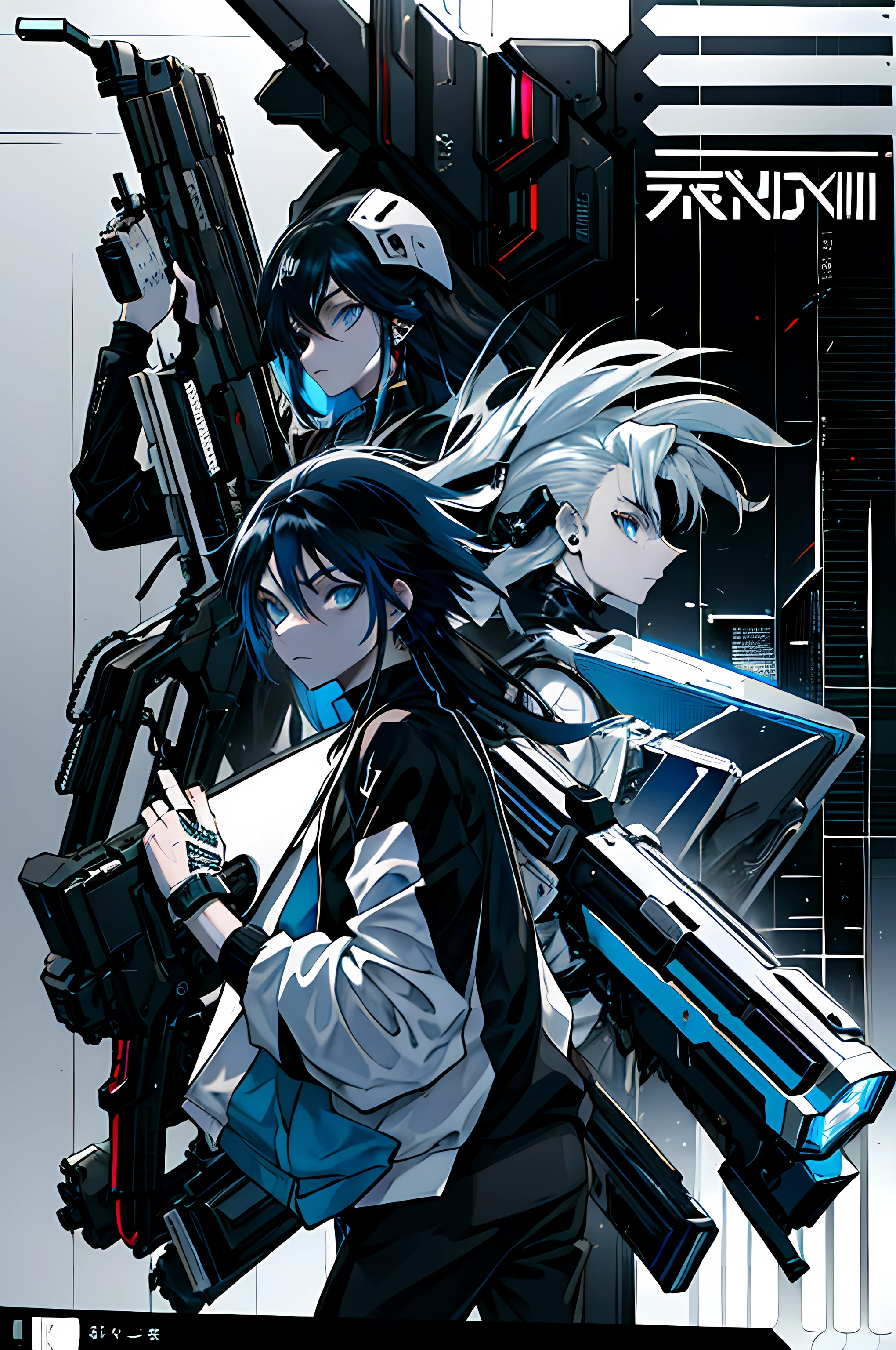 Boy, 20 y.o, black long hair, cyberpunk clothes, B/W color pallet, net-runner, blue eyes, with a gun in his hand, best quality, ray tracing, luxury-book-stylized corners,Manga Cover, manga