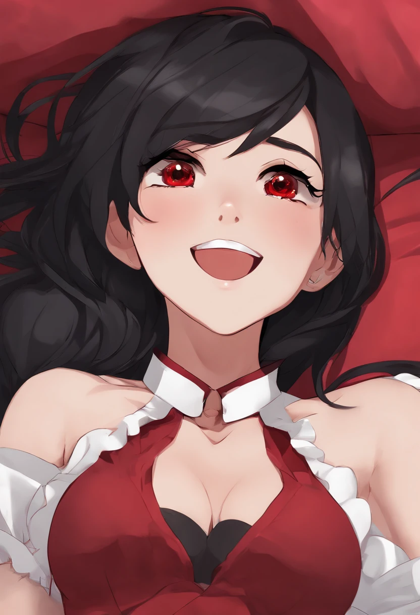 Ruby rose rwby, cute, innocent, looking at viewer, smiling open mouth, laying in bed, nude, NSFW, perky small breasts, anime, hentai, whole body visible, big eyes, black hair