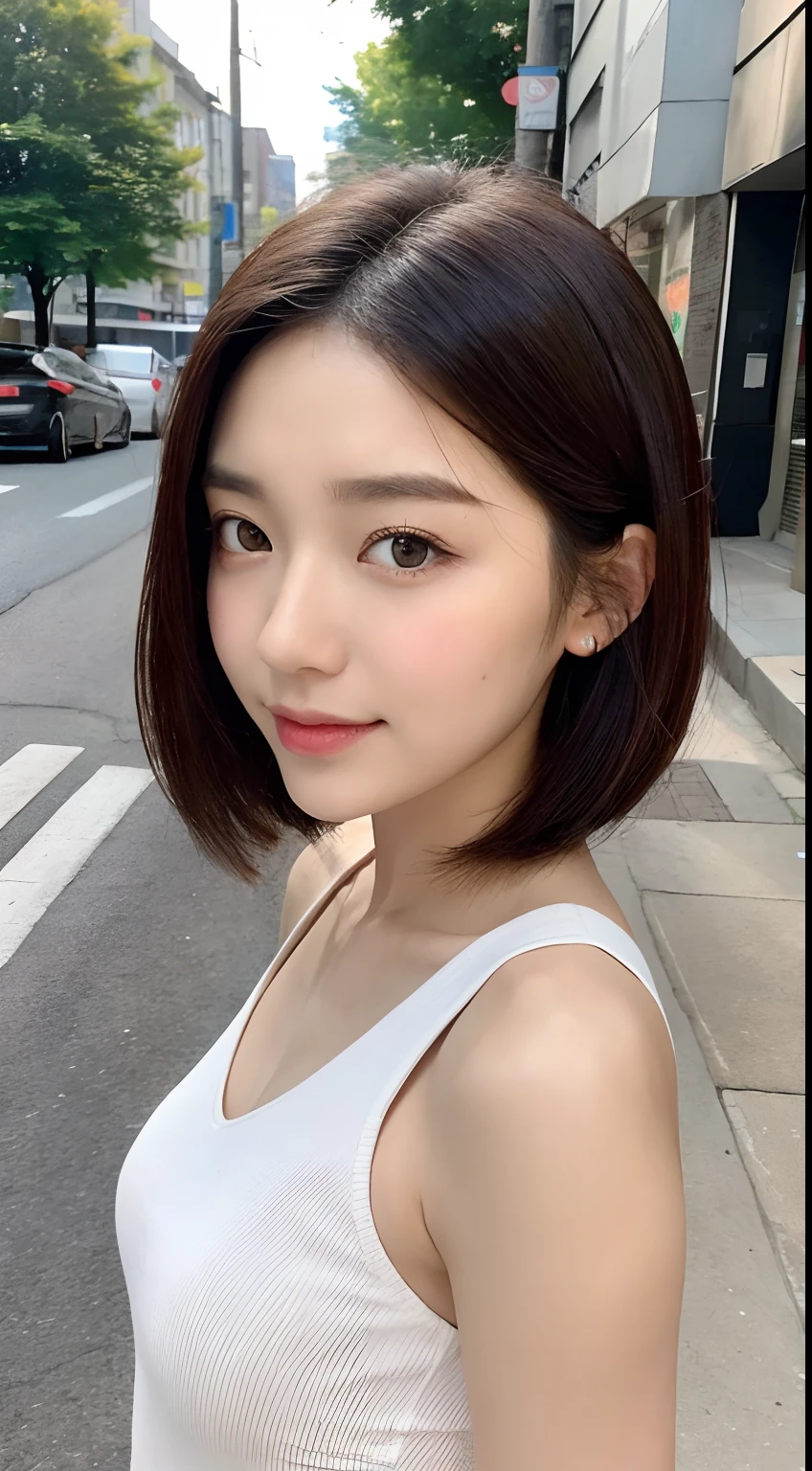 masterpiece, highest quality, 8k, disorganized person, (Upper Body:1.4), White shirt, Beautiful girl, Beautiful face, Looking at the audience, smile, Ultra-realistic, High resolution, picture, The focus was clear, High resolution, Face Light, Dynamic Lighting, Cinema Lighting, Professional Shadow, Beautiful cityscape background, Best details, Very detailed, Very detailed, Finely detailed, Real Skin, Delicate facial features, Detailed face and eyes, Sharp pupils、Realistic students、short hair、smile、Japanese girl、16 years old、Cleavage、White shirt、round face、Idol face、necklace、Ring earrings、short hair