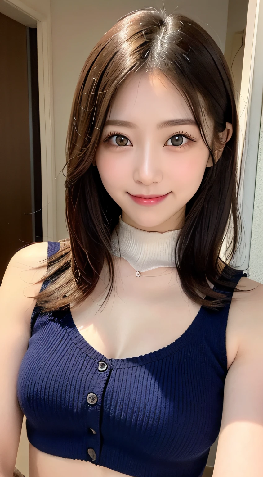 masutepiece, Best Quality, Photorealsitic, finely detail, hight resolution, 8K Wallpapers, Perfect dynamic composition, Beautiful detailed eyes, Medium Hair, large full breasts, Random and sexy poses,Bring your chest together、(Open Chest Mock Neck Crop Tank Top White Knitwear Clear Clave)、(Breast bulge 1.2)、A smile、open open mouth、Resort scenery、25-years old、(Drooping eyes 1.4)、Adult beauty、japanes