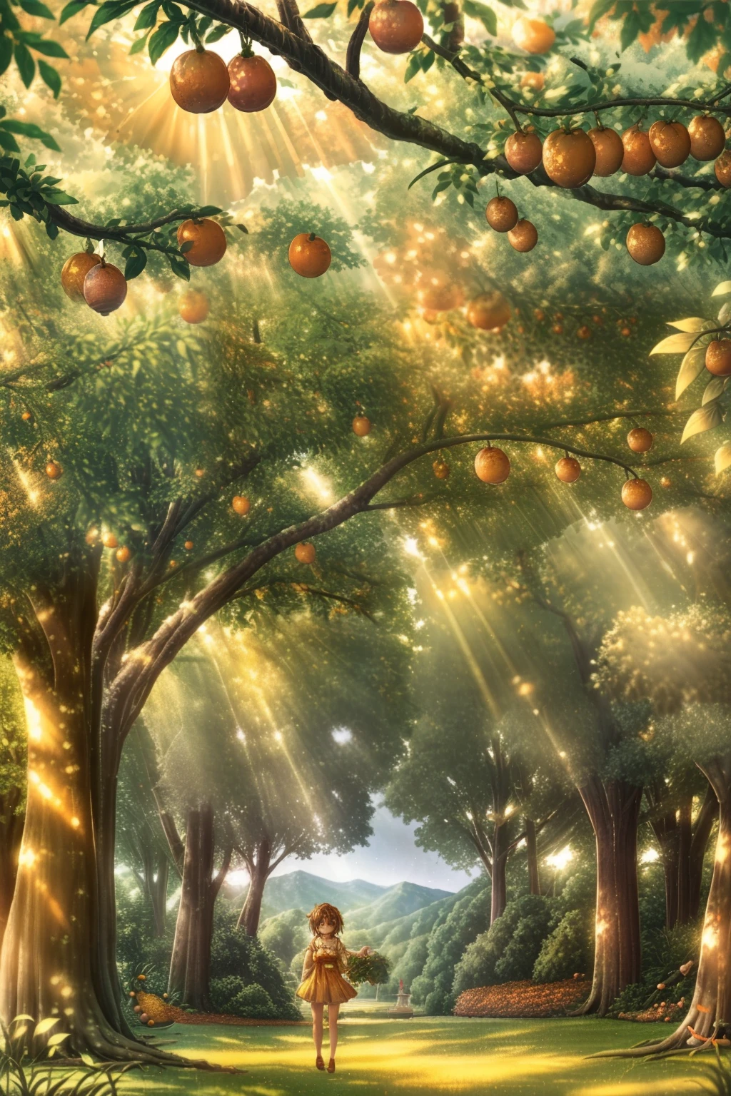 (golden sunlight,shimmering golden light:1.2,beautiful warm light),(idyllic countryside scenery,natural landscape,rolling hills),(meadow,fields,green grass),(abundance of tangerine trees),(tangerine orchard,tangerine grove),(branches filled with tangerines),(tangerine trees like lanterns),(serene,peaceful atmosphere),(harmony with nature),(trunk of the tangerine tree,rough bark),(lively,bustling scene),(juicy,tantalizing tangerines),(golden orange color, vibrant oranges, vivid hues of orange),(dappled shadows,playful shadows),(glimmering sunshine,slanting rays of sunlight),(gentle breeze, rustling leaves),(farmers working in the distance,nurturing the trees),(serene moment of stillness,tranquility),(fresh scent of citrus),(harvest season,abundance of fruit),(juicy explosions of flavor),(branches swaying gently in the breeze),(satisfying plumpness of the tangerines),(serene,peaceful atmosphere),(joyful,happy ambiance),(sunset glowing on the horizon),(tranquil and breathtaking scenery),(immersed in the beauty of nature),(immersive,picturesque landscape)

In the mountains sprinkled with golden sunlight，Tanonaka，The wild oranges hang like small lanterns all over the branches. Beautiful warm light illuminates the idyllic countryside scenery nestled in the mountains and fields. The rolling hills create a picturesque landscape, adorned with green grass meadows. The scene is adorned with an abundance of tangerine trees, filling the branches with tangerines that resemble hanging lanterns. The serene and peaceful atmosphere harmonizes with nature, with the rough bark of the tangerine tree trunks adding a touch of authenticity. The vibrant and juicy tangerines in golden orange color promise a tantalizing feast for the senses. Dappled shadows playfully dance under the glimmering sunshine, casting a magical ambiance. A gentle breeze rustles the leaves, creating a symphony of tranquility. In the distance, farmers can be seen tending to the trees, nurturing their growth. It is a s