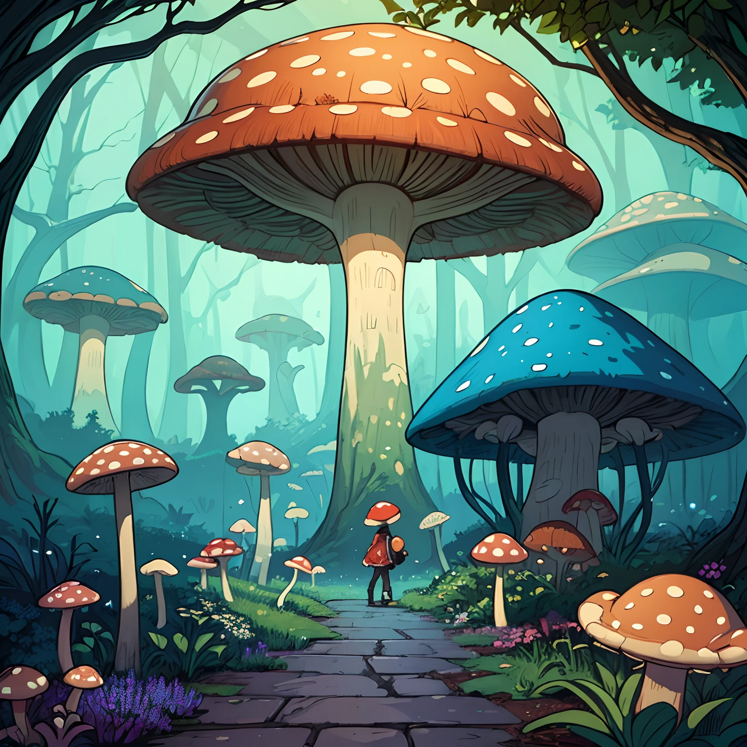 (extremely detailed, high resolution, best quality CG art inspired by Andreas Rocha's Artstation contest-winning artwork), surreal and fantastical, mushroom forest, underwater mushroom forest, enchanted forest, magical atmosphere, detailed 2D fantasy art, elfin forest background, mushroom archway, high clarity and quality.
