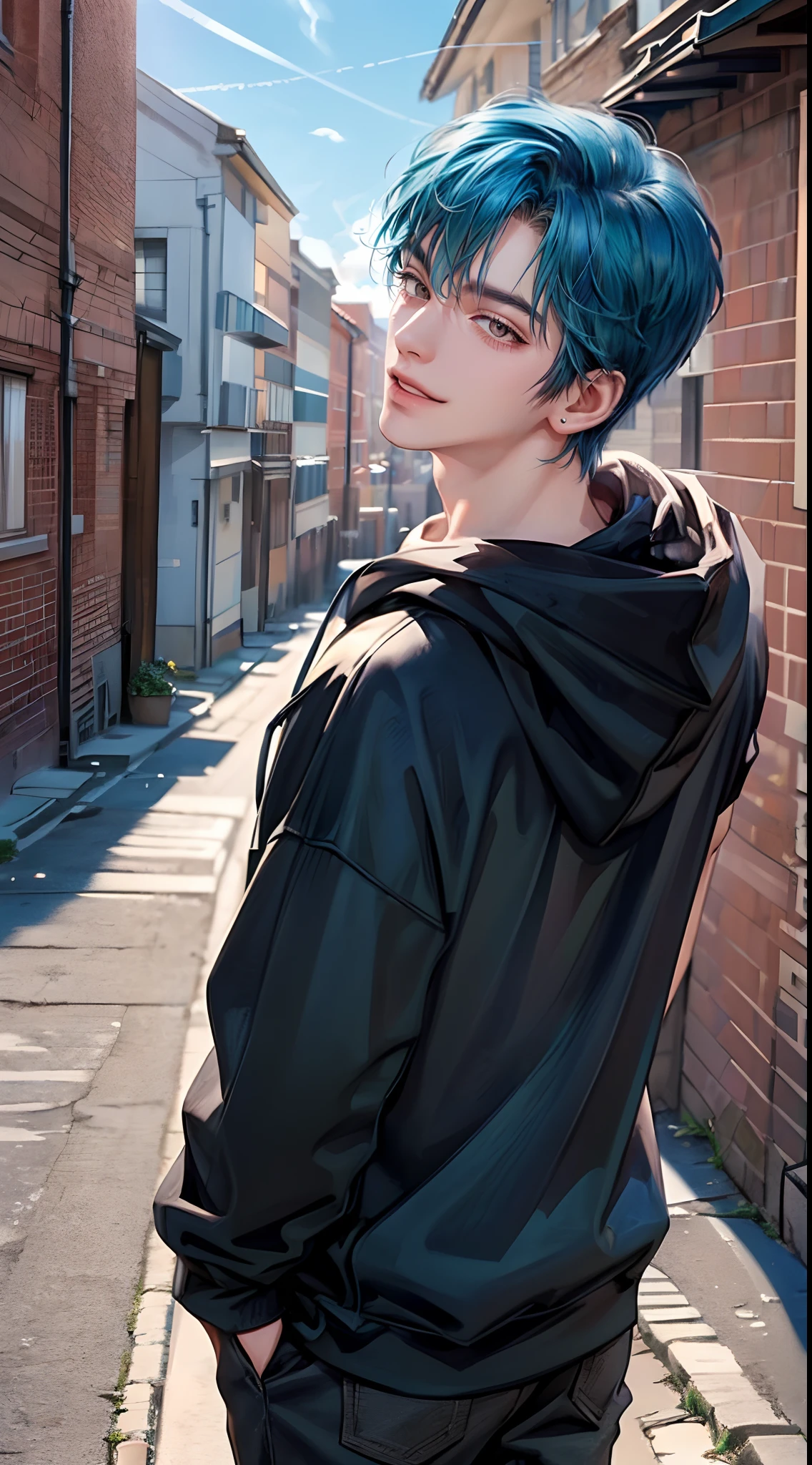 ((4K works))、​masterpiece、(top-quality)、One Beautiful Boy、Slim body、tall、((Attractive street style in black hoodie))、(Detailed beautiful eyes)、You can see a beautiful collarbone、Fantastic Britain、Back alley in the daytime、((Fantastic back alley))、((Daytime bright sky))、((Fantastic back alley))、((Shot in a fantastic back alley))、((Short-haired bright blue hair))、((Smaller face))、((White eyes))、((American adult male))、((Adult male 26 years old))、((Cool Men))、((Like a celebrity))、((Smile showing teeth and smiling))、((Korean Makeup))、((elongated and sharp eyes))、((boyish))、((Upper body photography))、((Happy dating))、Professional Photos、((Shot alone))、((Shot from diagonally in front))、((Shot in close proximity to him))、lovey-dovey、((He is trying to kiss the viewer))、Stretch your hands forward、((He is walking in front of the viewer))